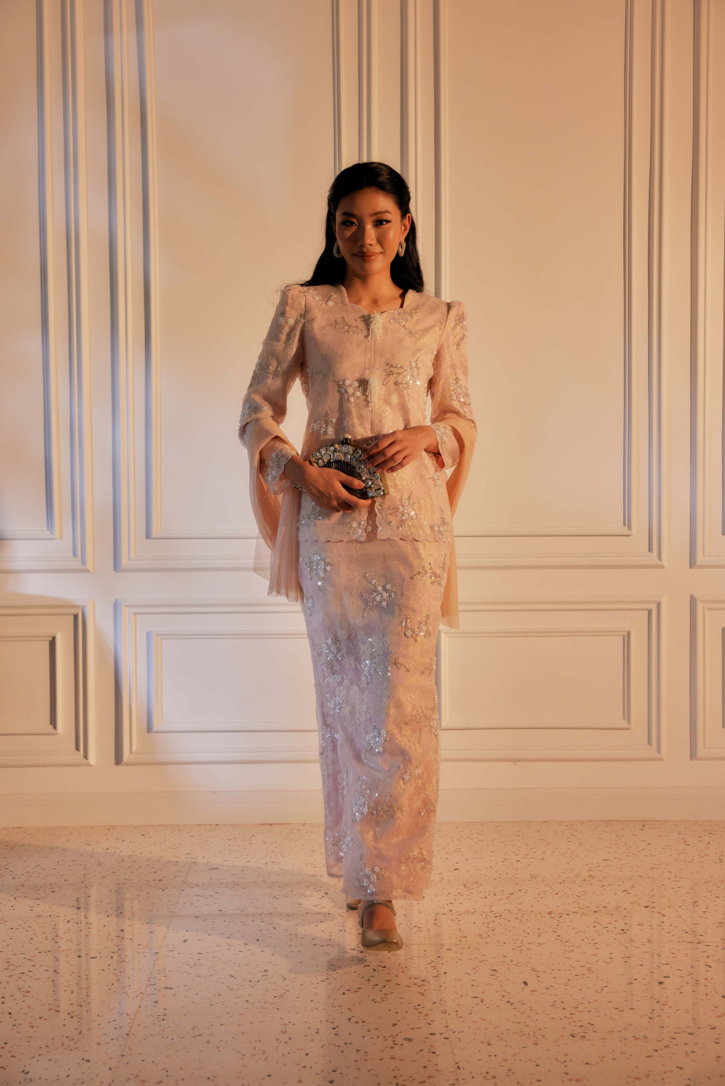 Ballerina Pink - Alaia Beaded Lace Kurung With Set of 3 Pearl Brooch (Fully Lined)