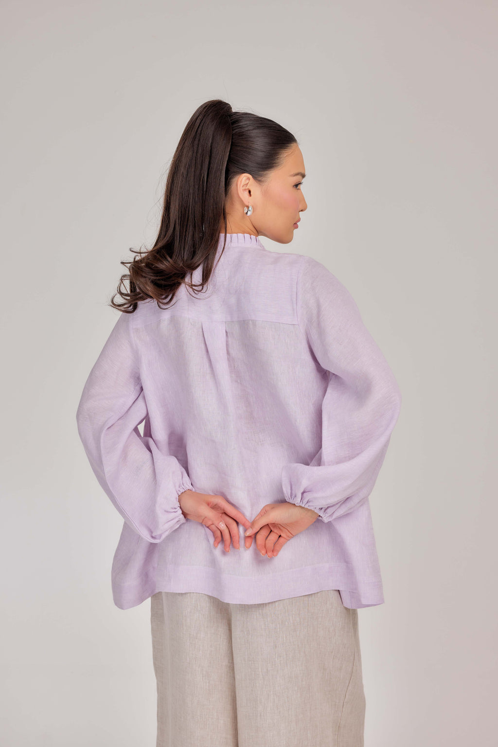 11 - The Heirloom Wave-Pleated Mélange Pure Linen Blouse in Lavender Mist