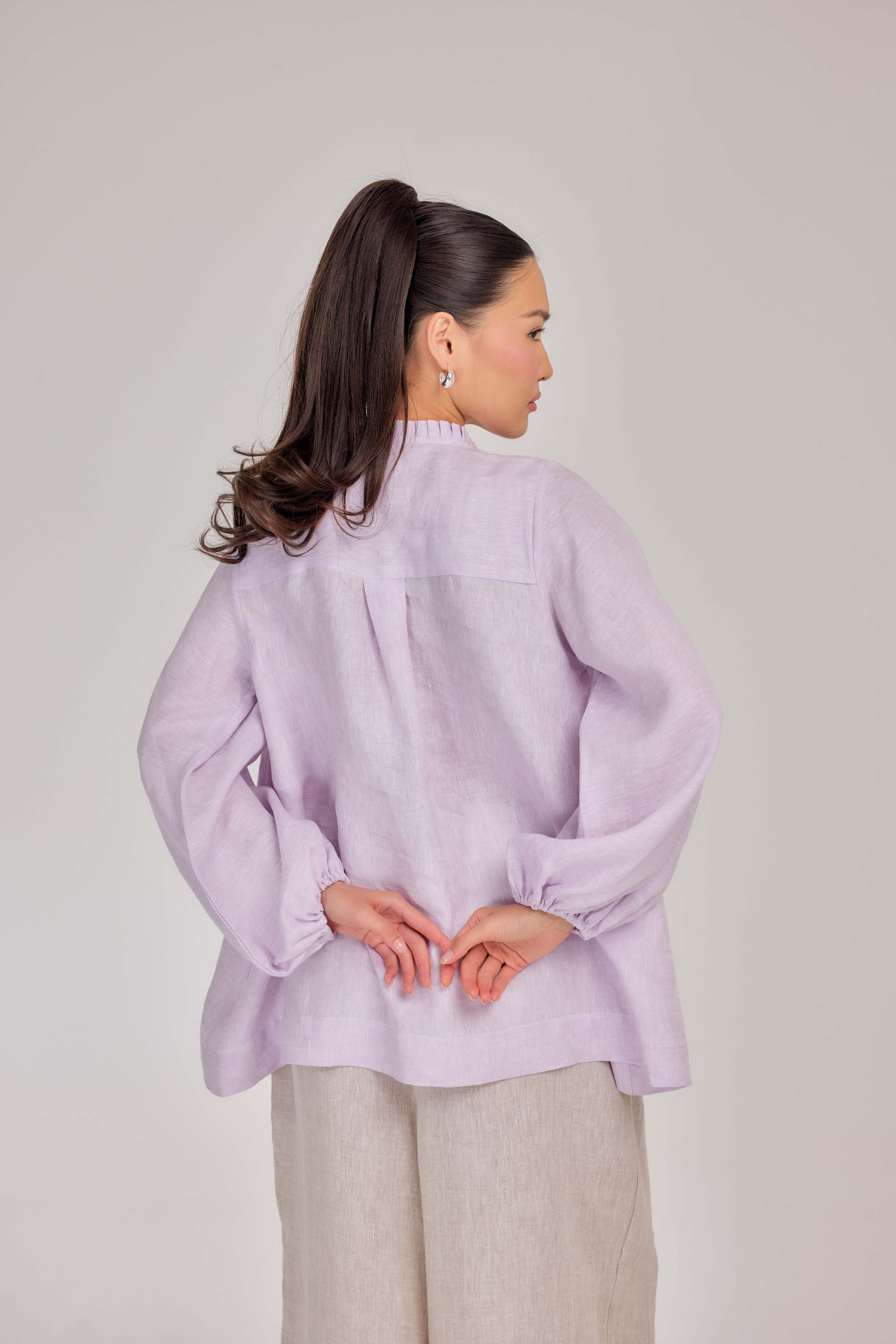 11 - The Heirloom Wave-Pleated Mélange Pure Linen Blouse in Lavender Mist