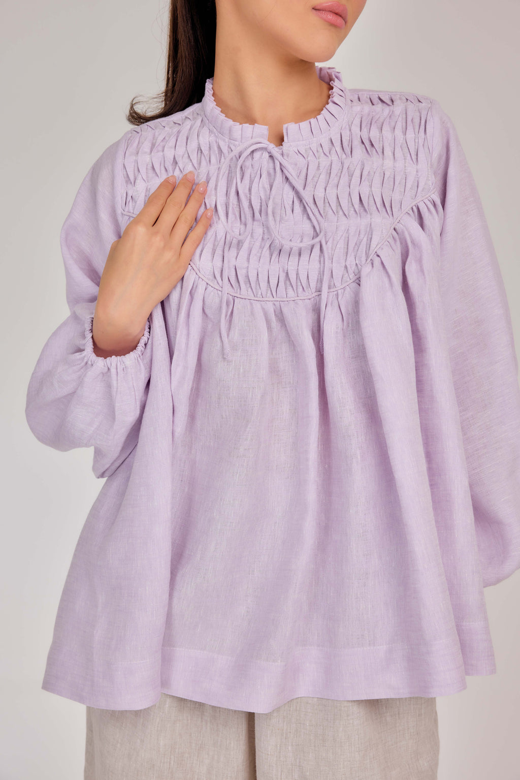 11 - The Heirloom Wave-Pleated Mélange Pure Linen Blouse in Lavender Mist