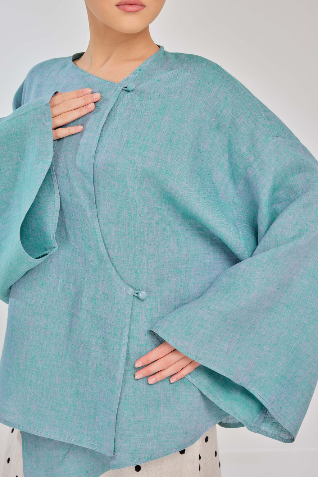 04 - Tiffany Blue - Mélange Pure Linen Wrap Top