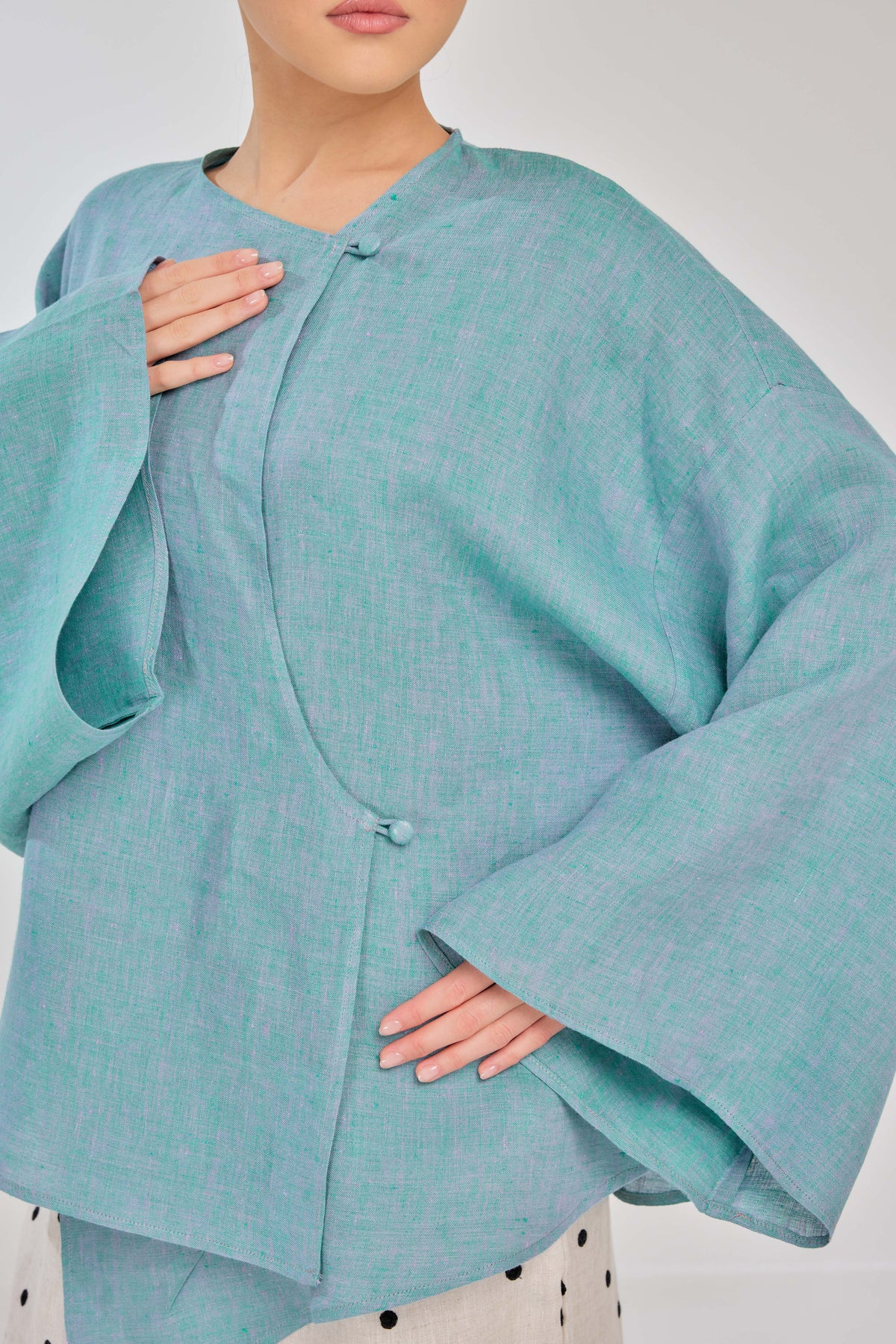 04 - Tiffany Blue - Mélange Pure Linen Wrap Top