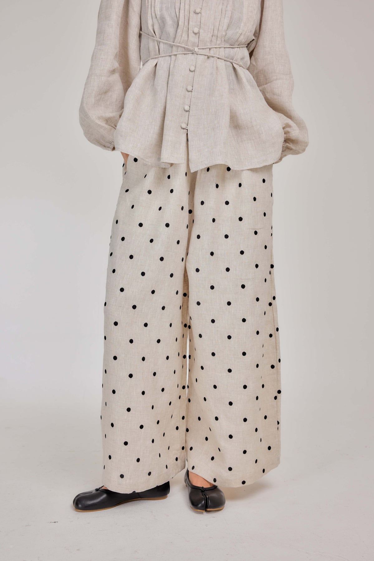 02 - Embroidered Polka Dot Pure Linen Relaxed Barrel Pants in Oatmeal & Onyx