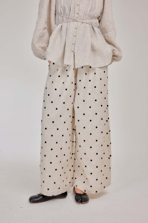 02 - Embroidered Polka Dot Pure Linen Relaxed Barrel Pants in Oatmeal & Onyx
