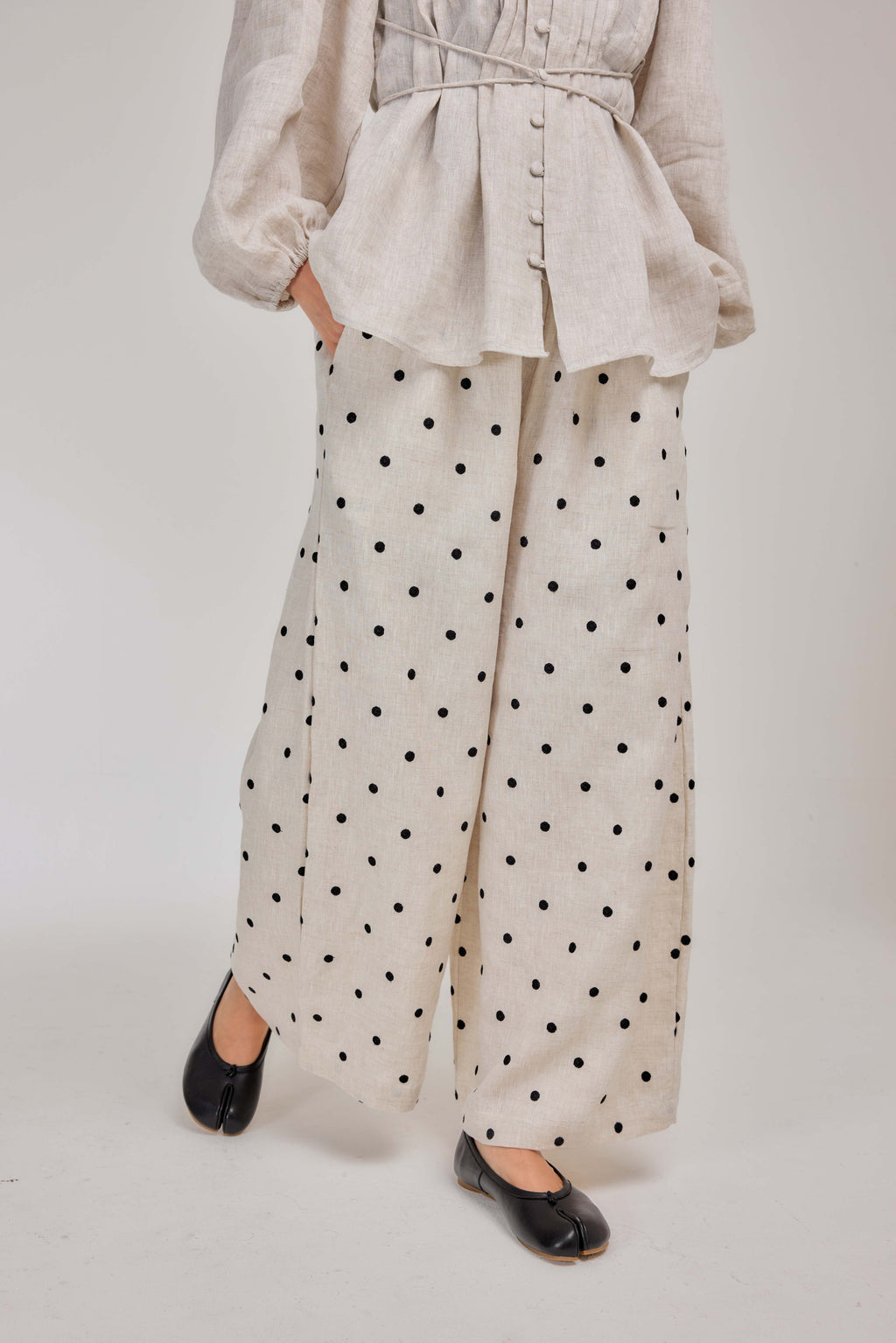 02 - Embroidered Polka Dot Pure Linen Relaxed Barrel Pants in Oatmeal & Onyx