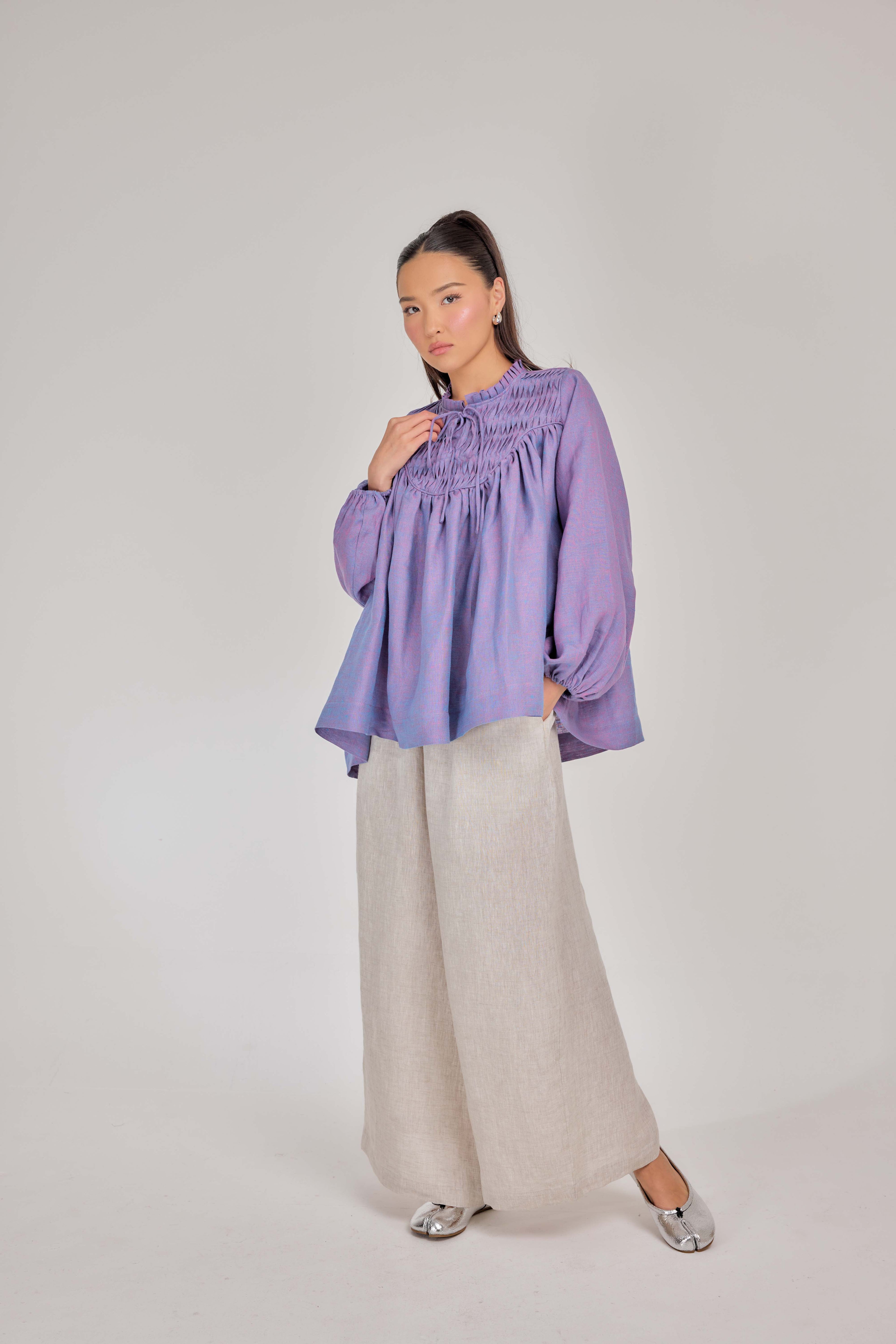 12 - The Heirloom Wave-Pleated Mélange Pure Linen Blouse in Bluebell Flower