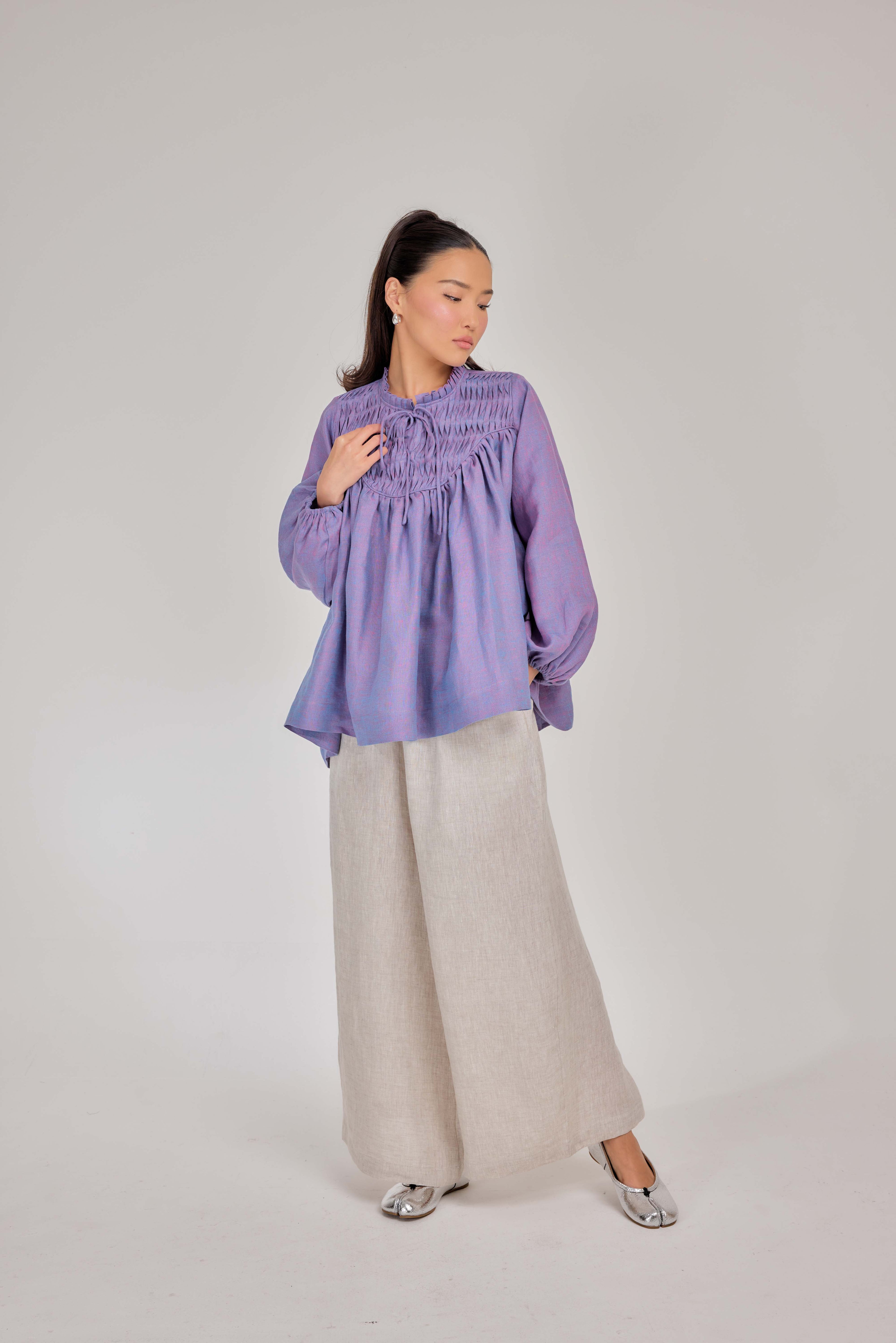 12 - The Heirloom Wave-Pleated Mélange Pure Linen Blouse in Bluebell Flower