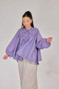 12 - The Heirloom Wave-Pleated Mélange Pure Linen Blouse in Bluebell Flower