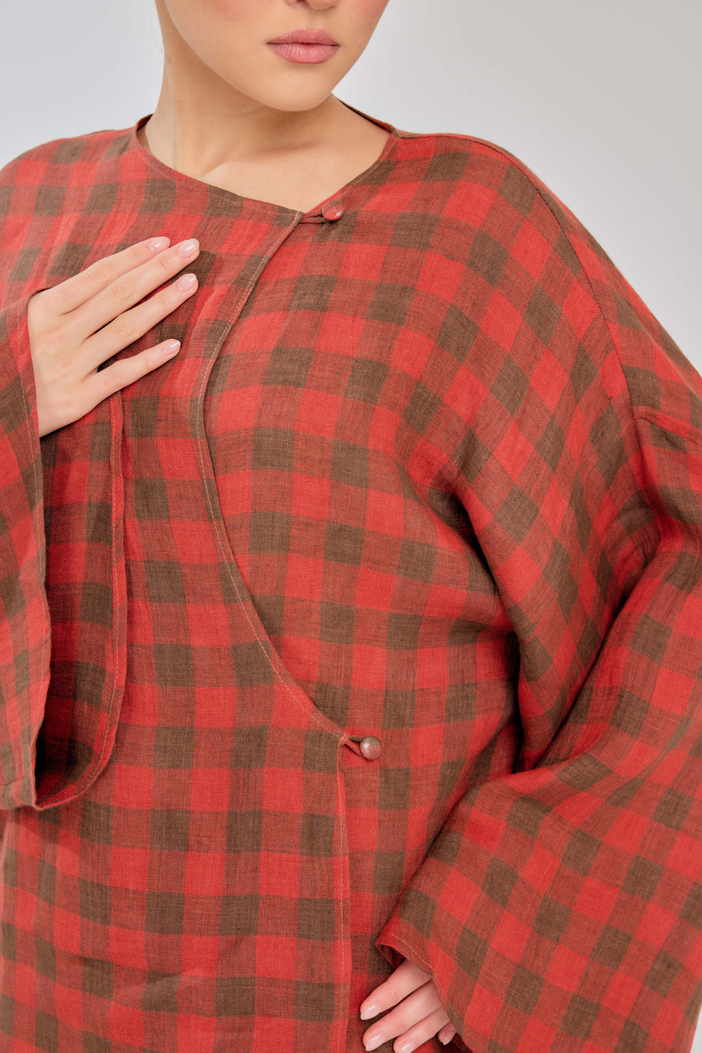 04 - Autumn - Checkered Pure Linen Wrap Top