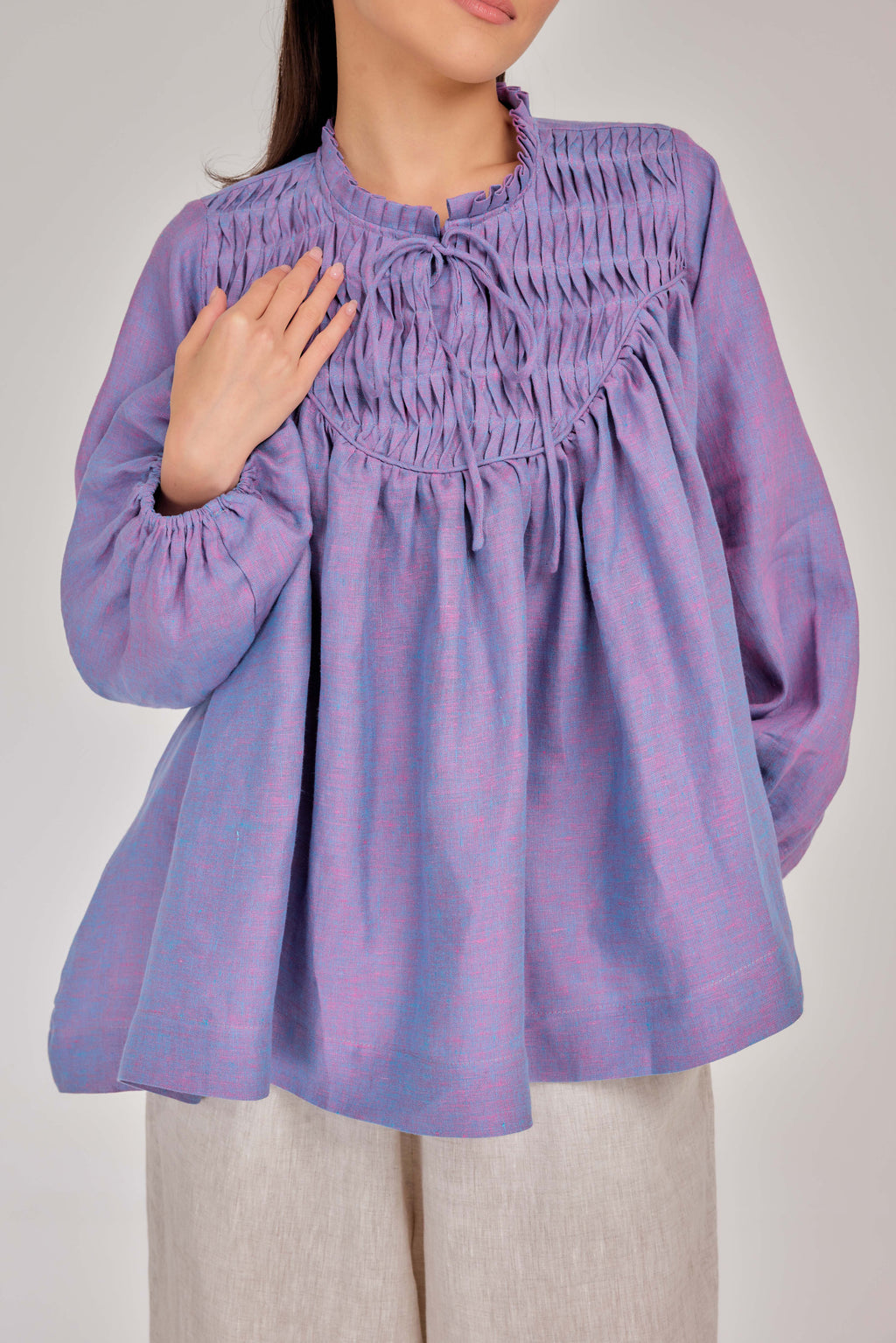 12 - The Heirloom Wave-Pleated Mélange Pure Linen Blouse in Bluebell Flower