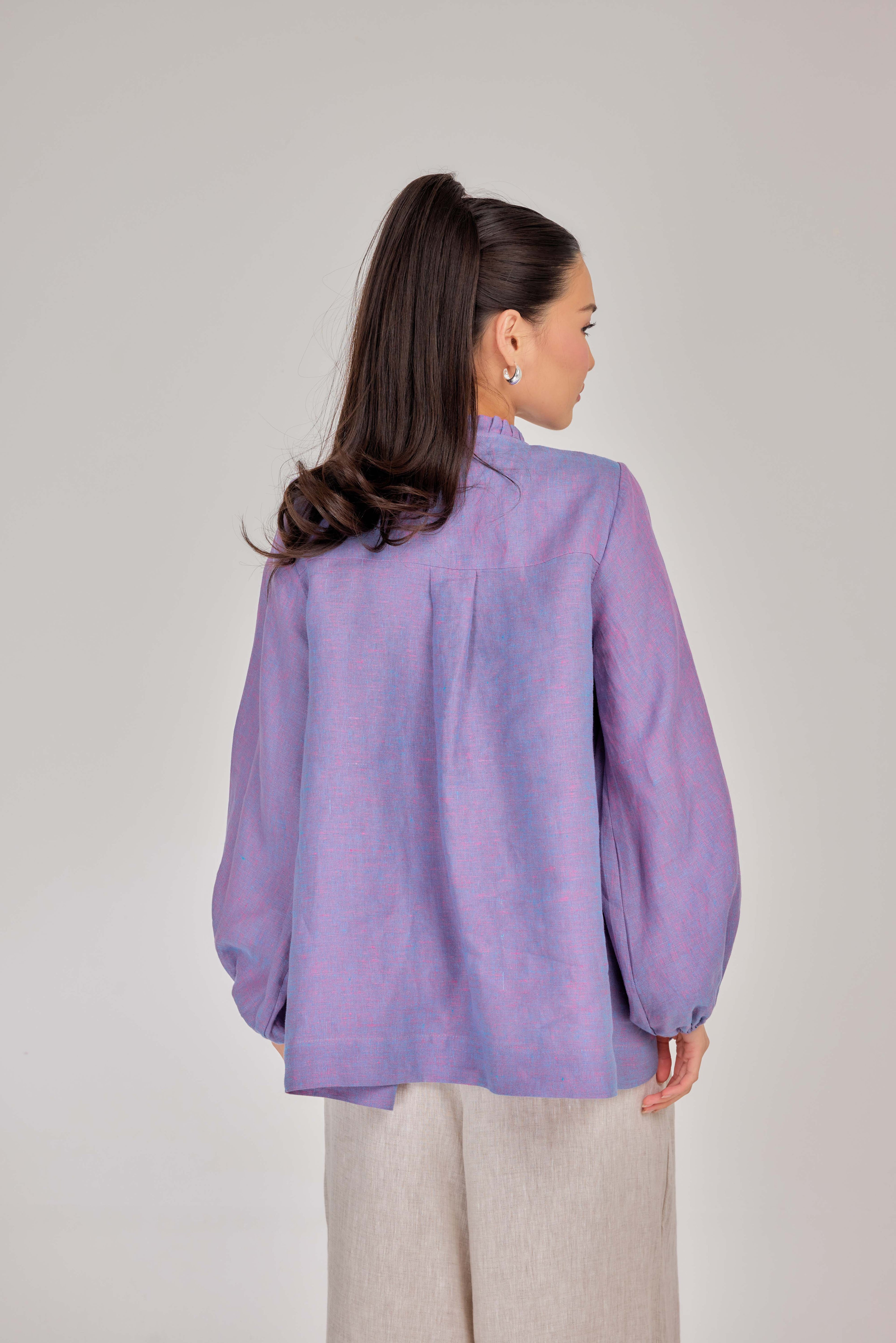 12 - The Heirloom Wave-Pleated Mélange Pure Linen Blouse in Bluebell Flower