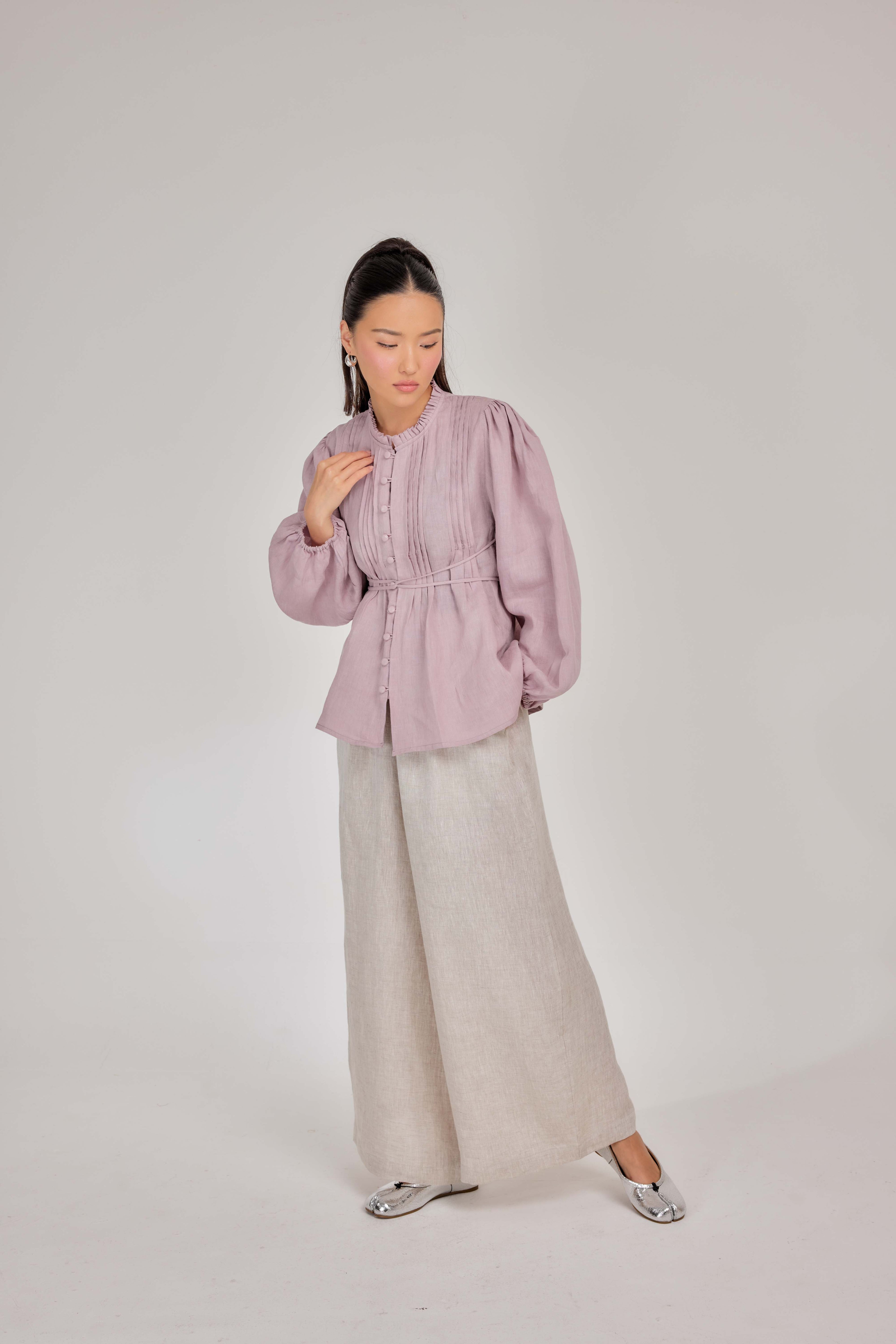 12 - The Daydream Tie-Waist Pure Linen Top in Mauve Mist