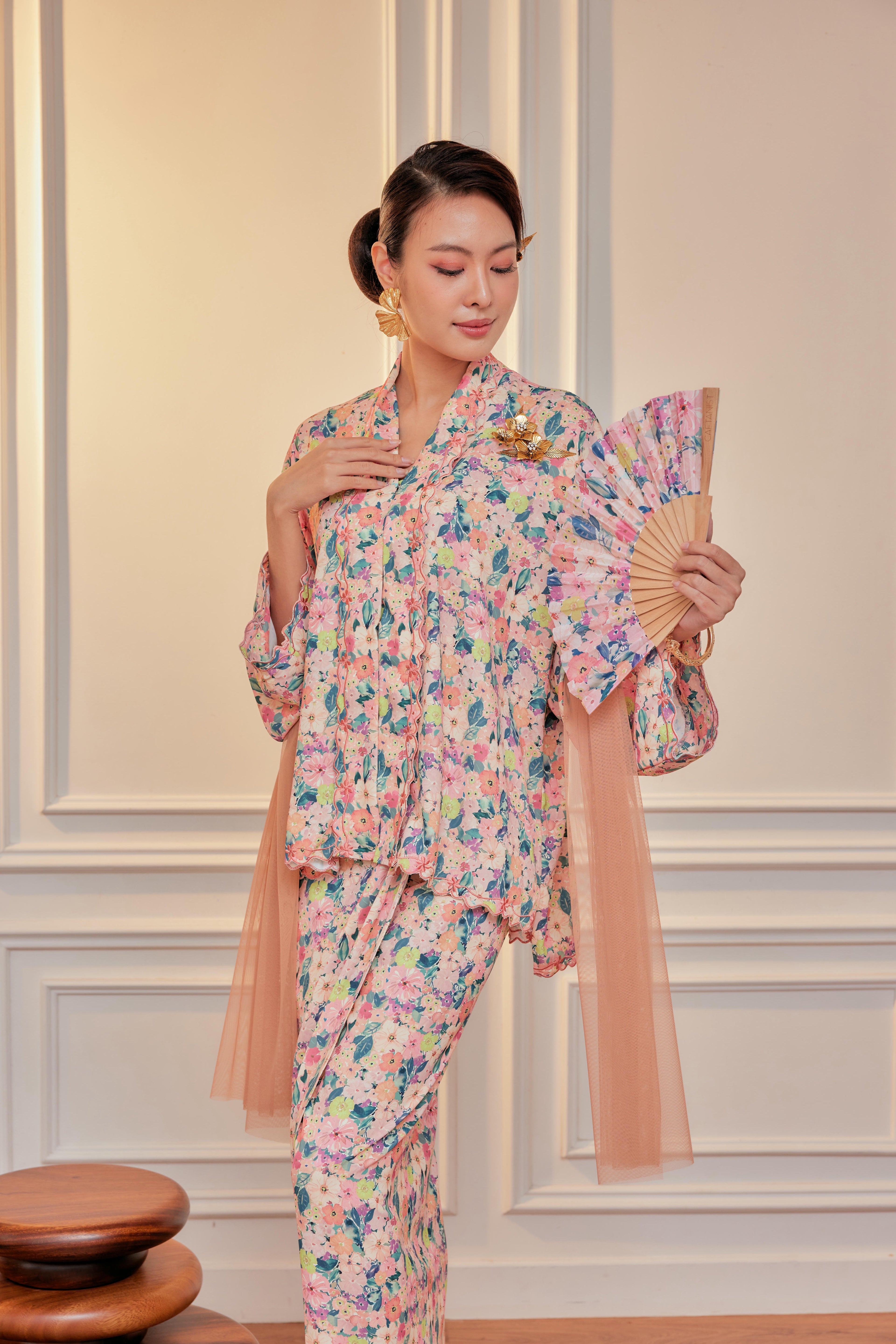 Carnation Garden - Indah Embroidery Kebaya with Matching Fan