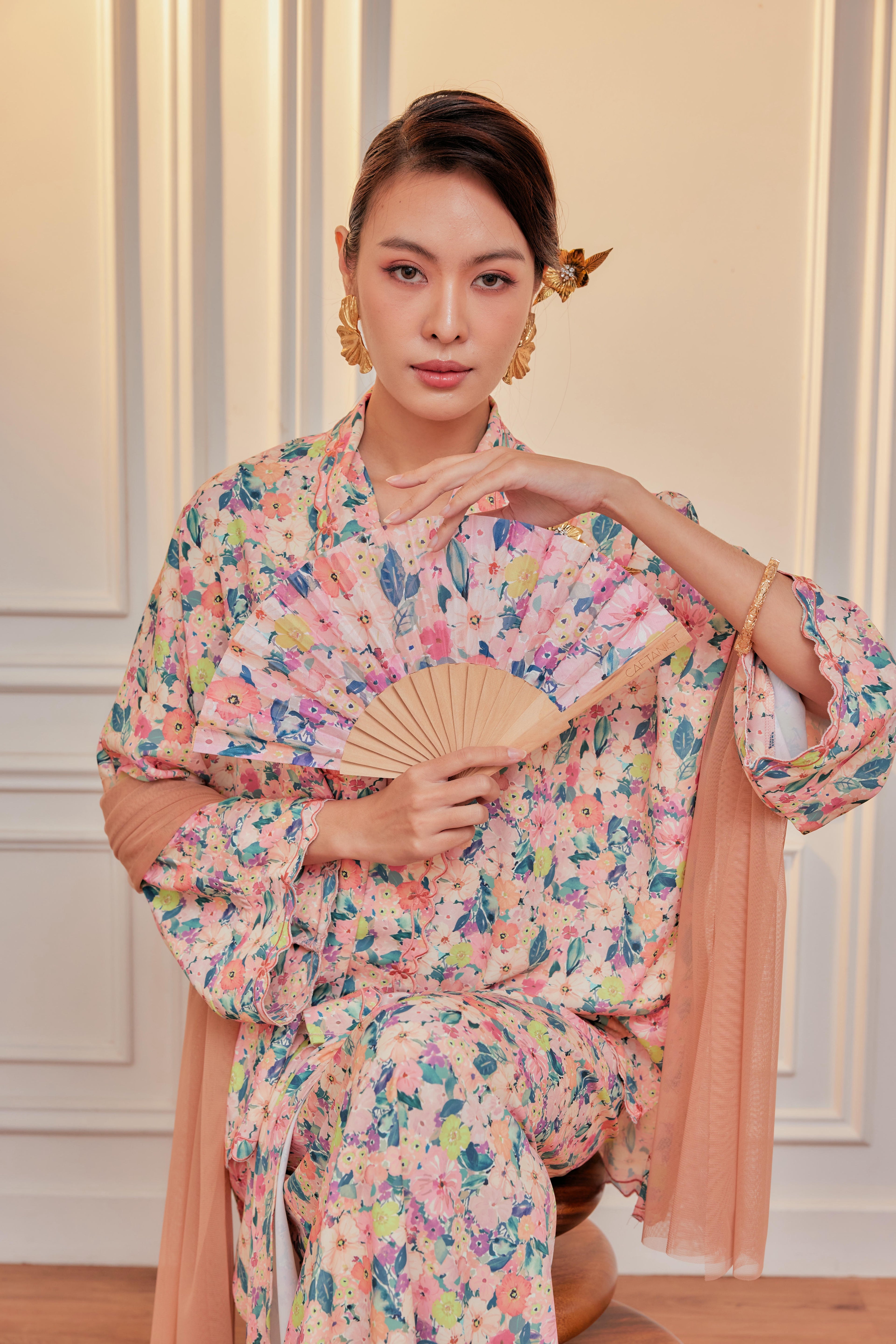 Carnation Garden - Indah Embroidery Kebaya with Matching Fan