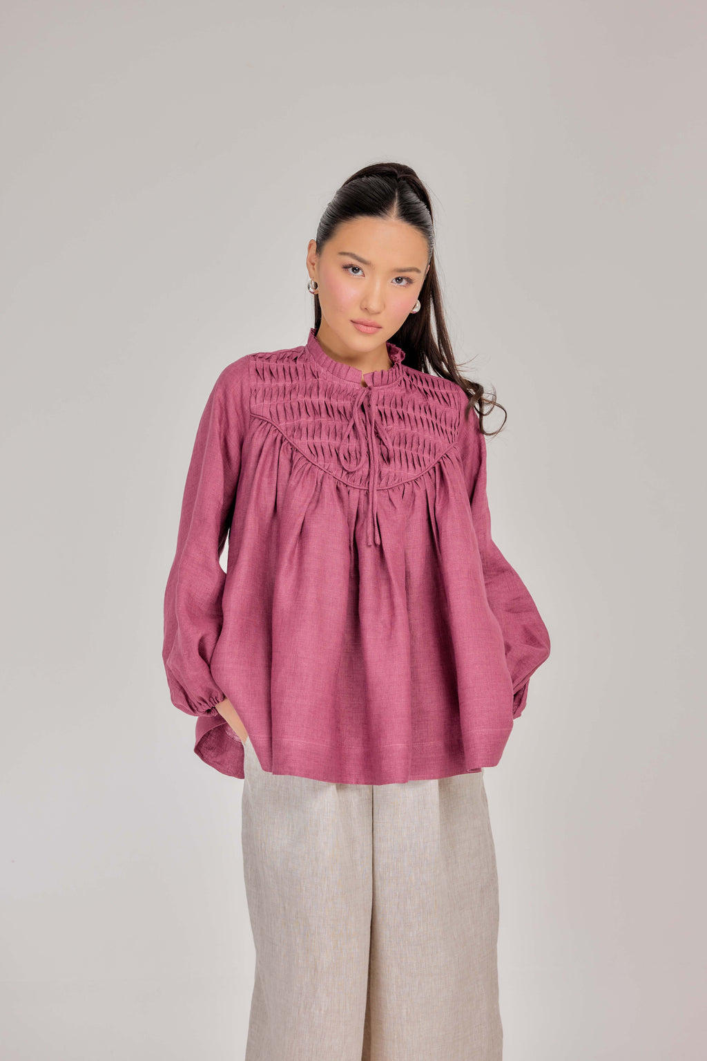 10 - The Heirloom Wave-Pleated Pure Linen Blouse in Berry Rose