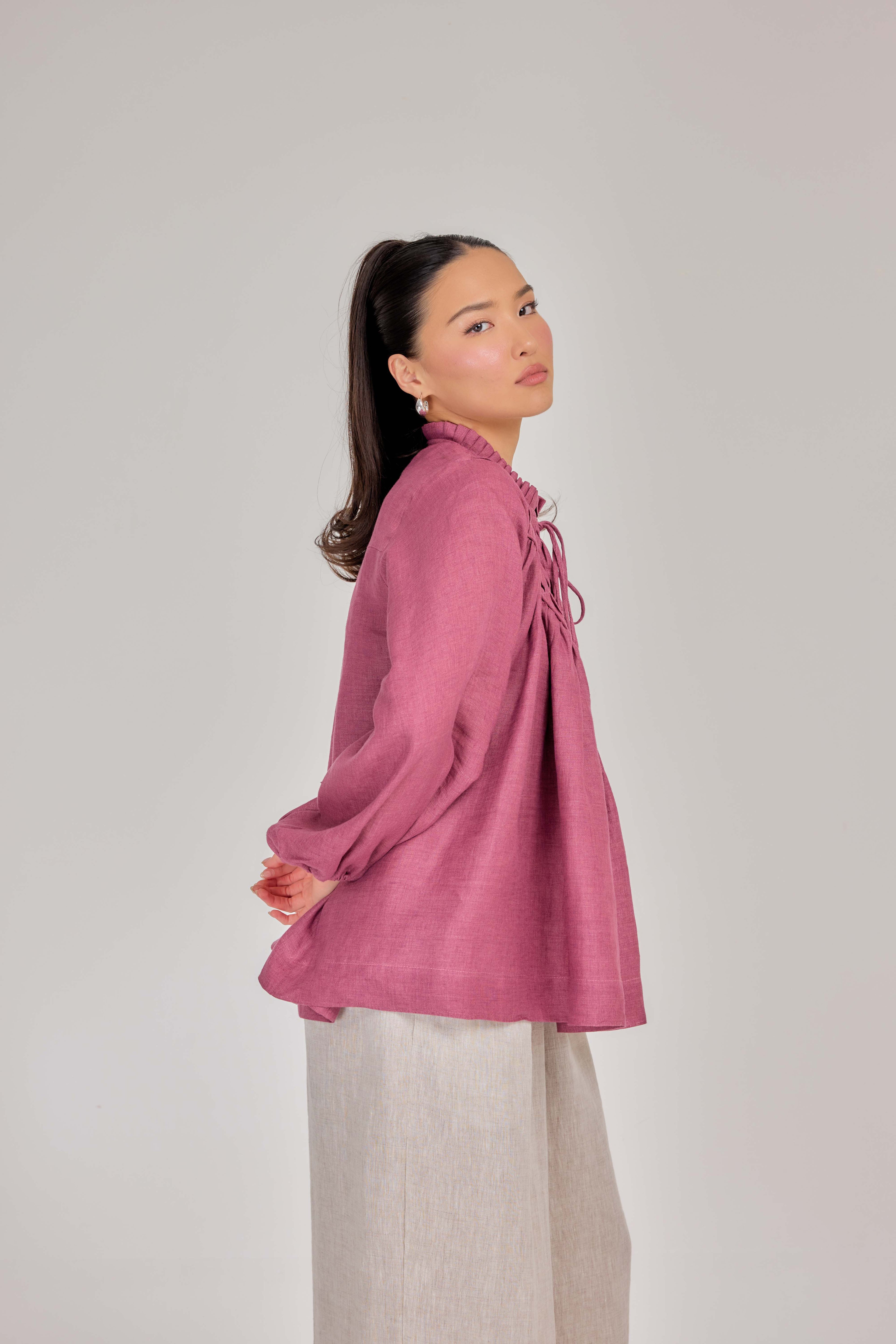 10 - The Heirloom Wave-Pleated Pure Linen Blouse in Berry Rose