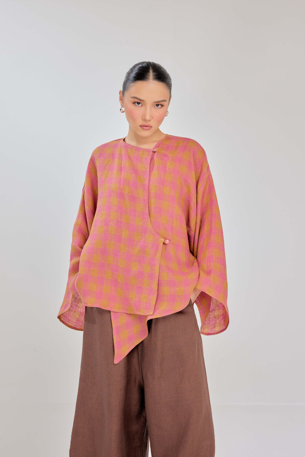01 - Sorbet - Checkered Pure Linen Wrap Top