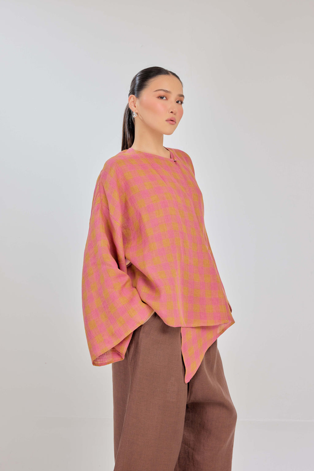 01 - Sorbet - Checkered Pure Linen Wrap Top