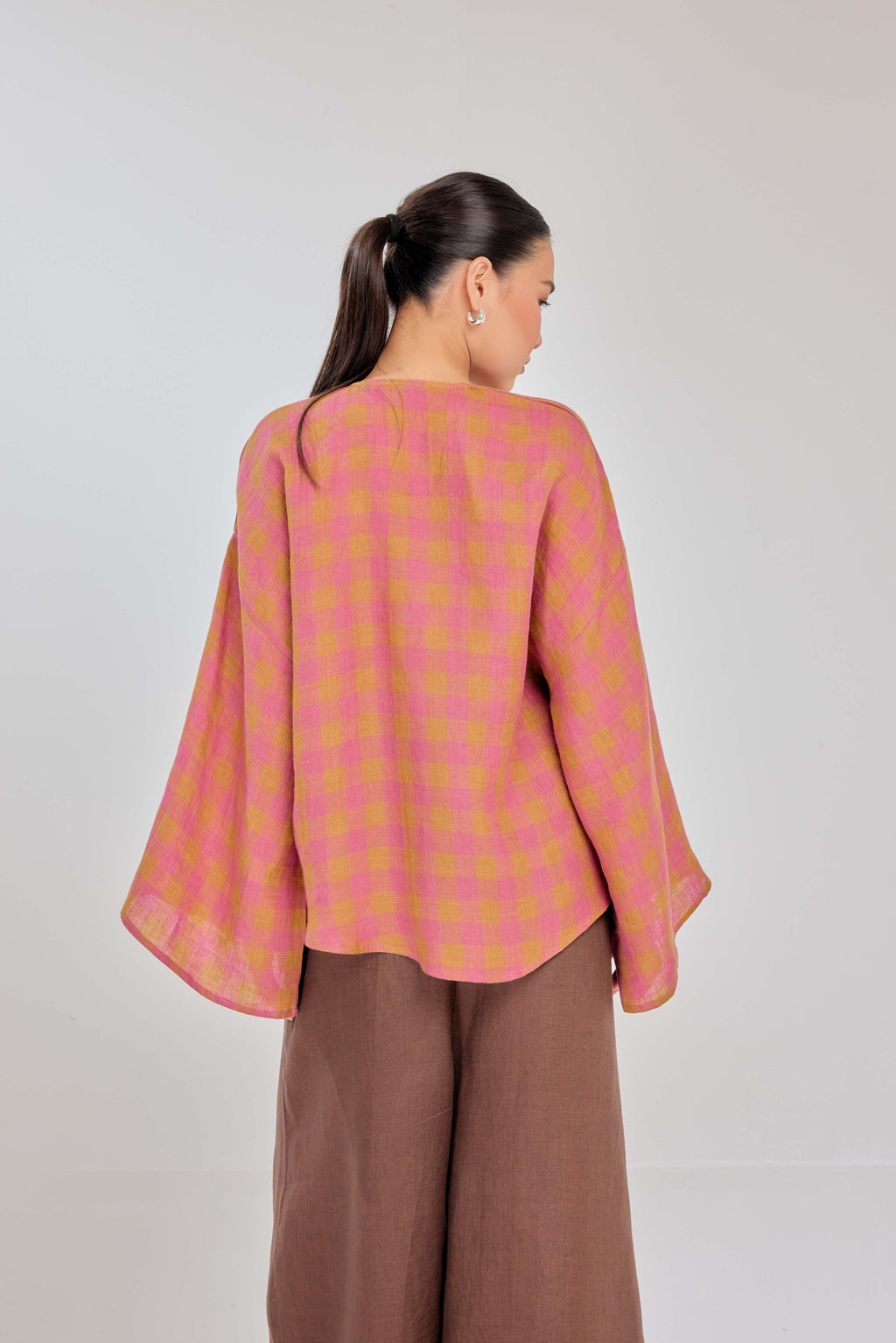 01 - Sorbet - Checkered Pure Linen Wrap Top