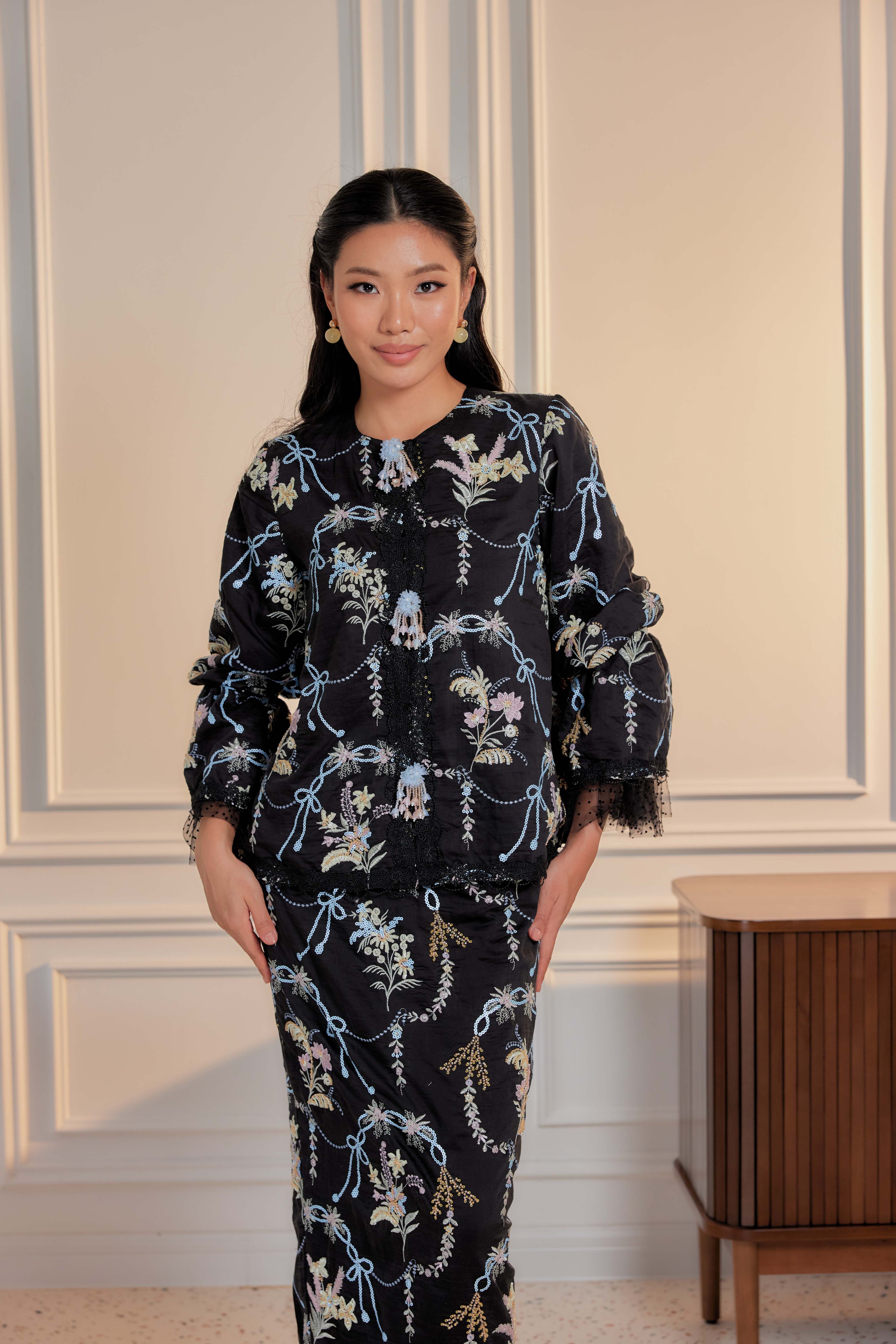 Hitam Manis - Marni Beaded Embellished Kurung with Set of 3 Brooch (Fully Lined)