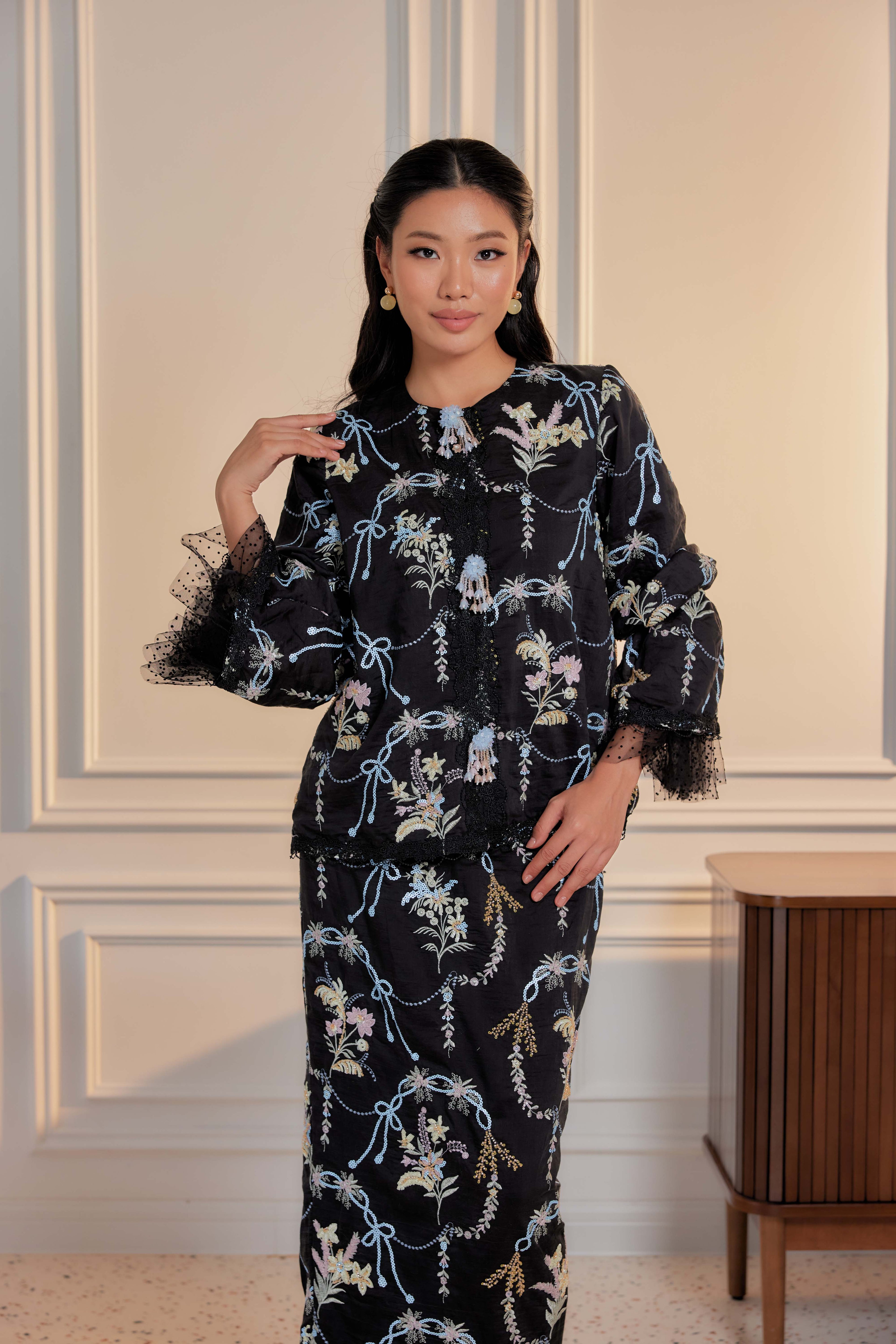 Hitam Manis - Marni Beaded Embellished Kurung with Set of 3 Brooch (Fully Lined)