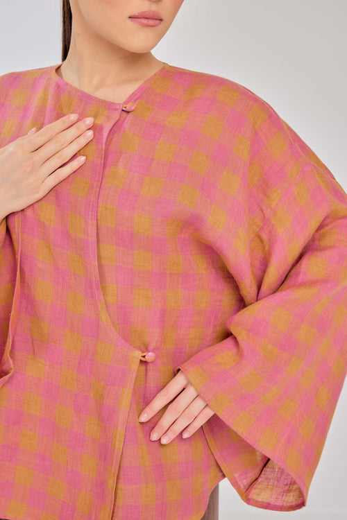 01 - Sorbet - Checkered Pure Linen Wrap Top