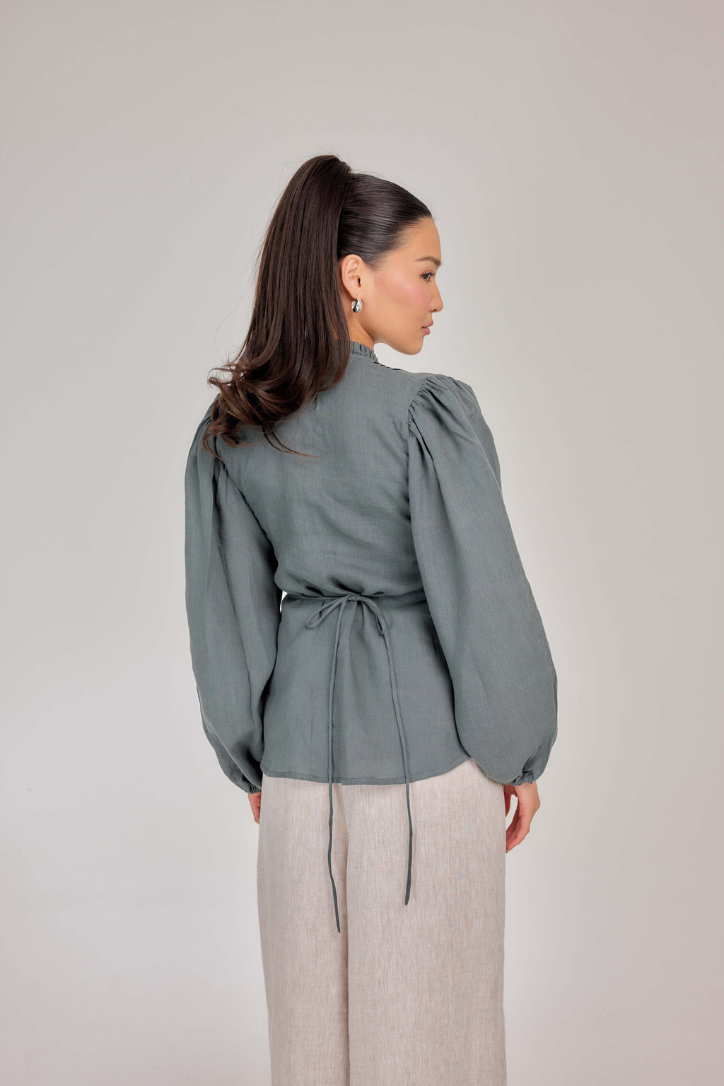 09 - The Daydream Tie-Waist Pure Linen Top in Sage Grey