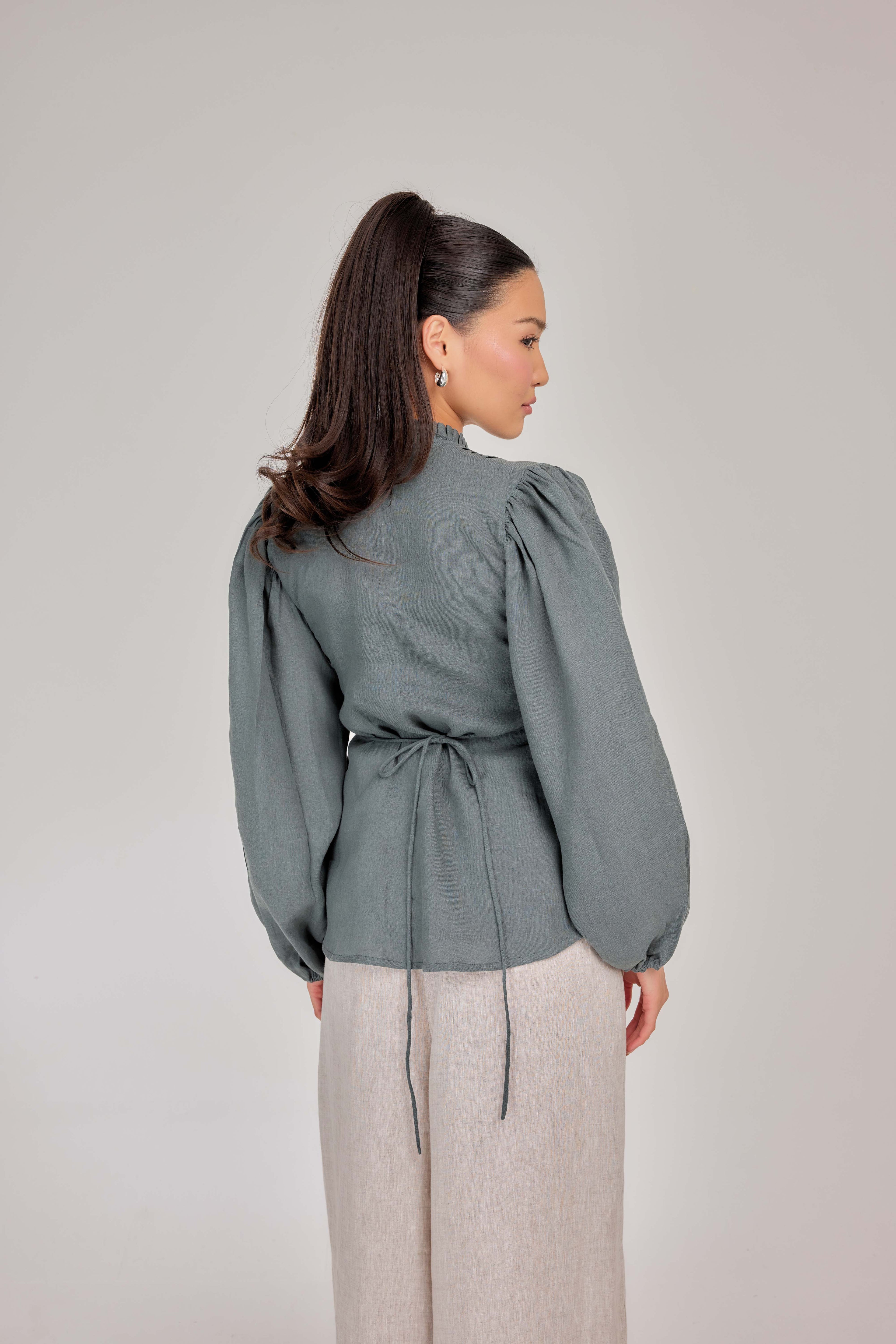 09 - The Daydream Tie-Waist Pure Linen Top in Sage Grey