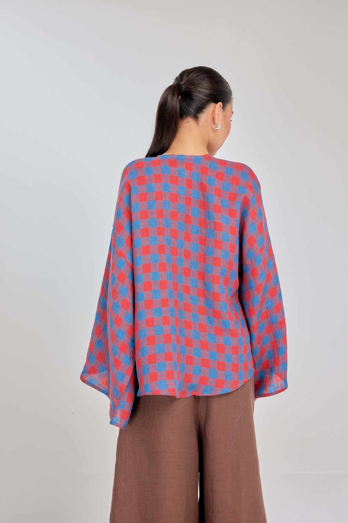 03 - Retro - Checkered Pure Linen Wrap Top