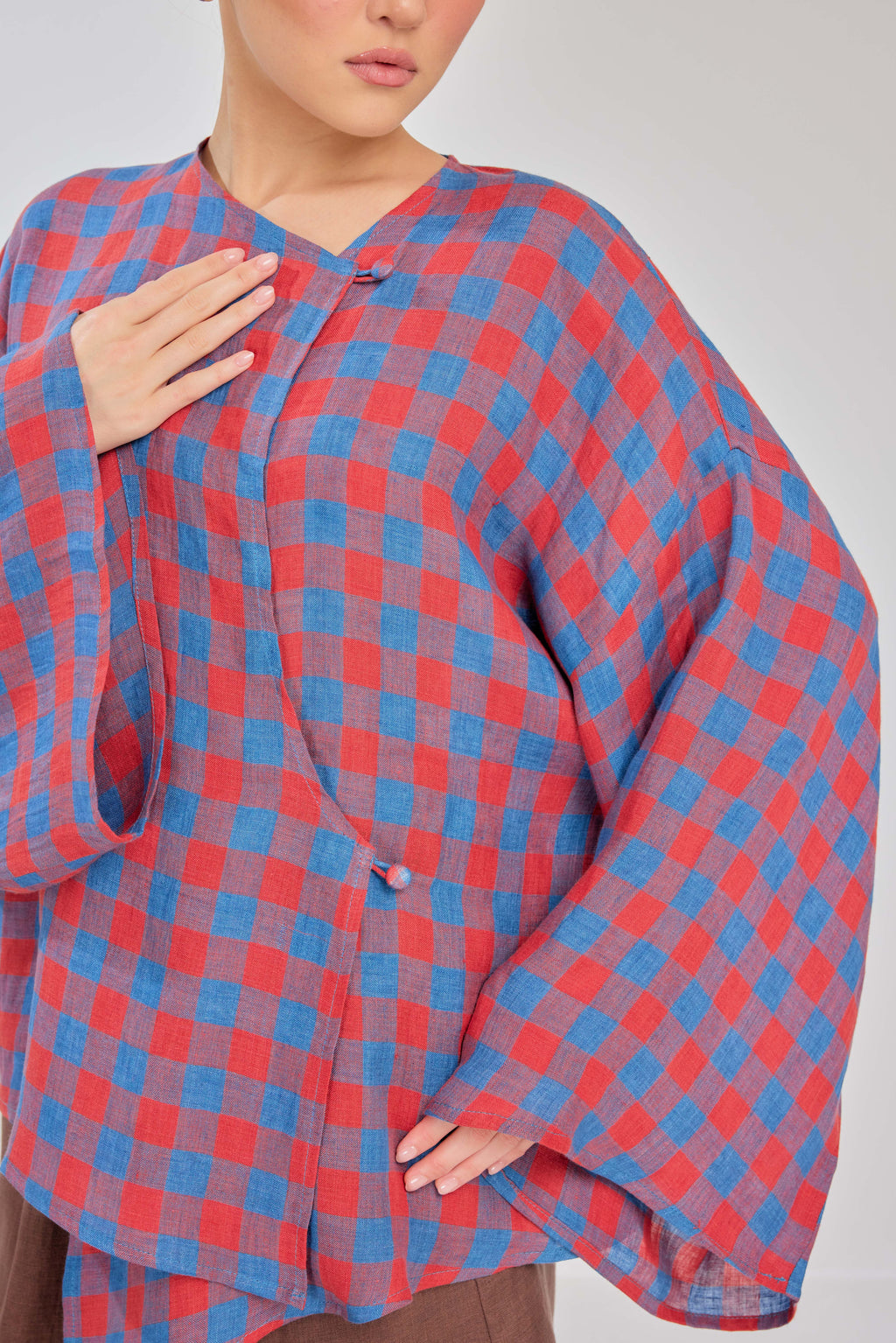 03 - Retro - Checkered Pure Linen Wrap Top