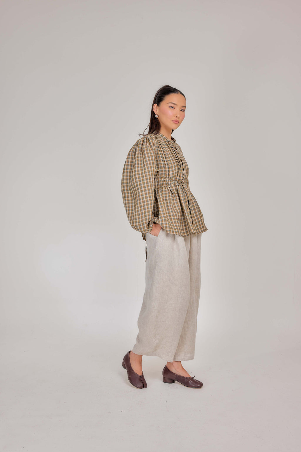 04 - Daydream Tie-Waist Plaid Pure Linen Top in Harvest Check