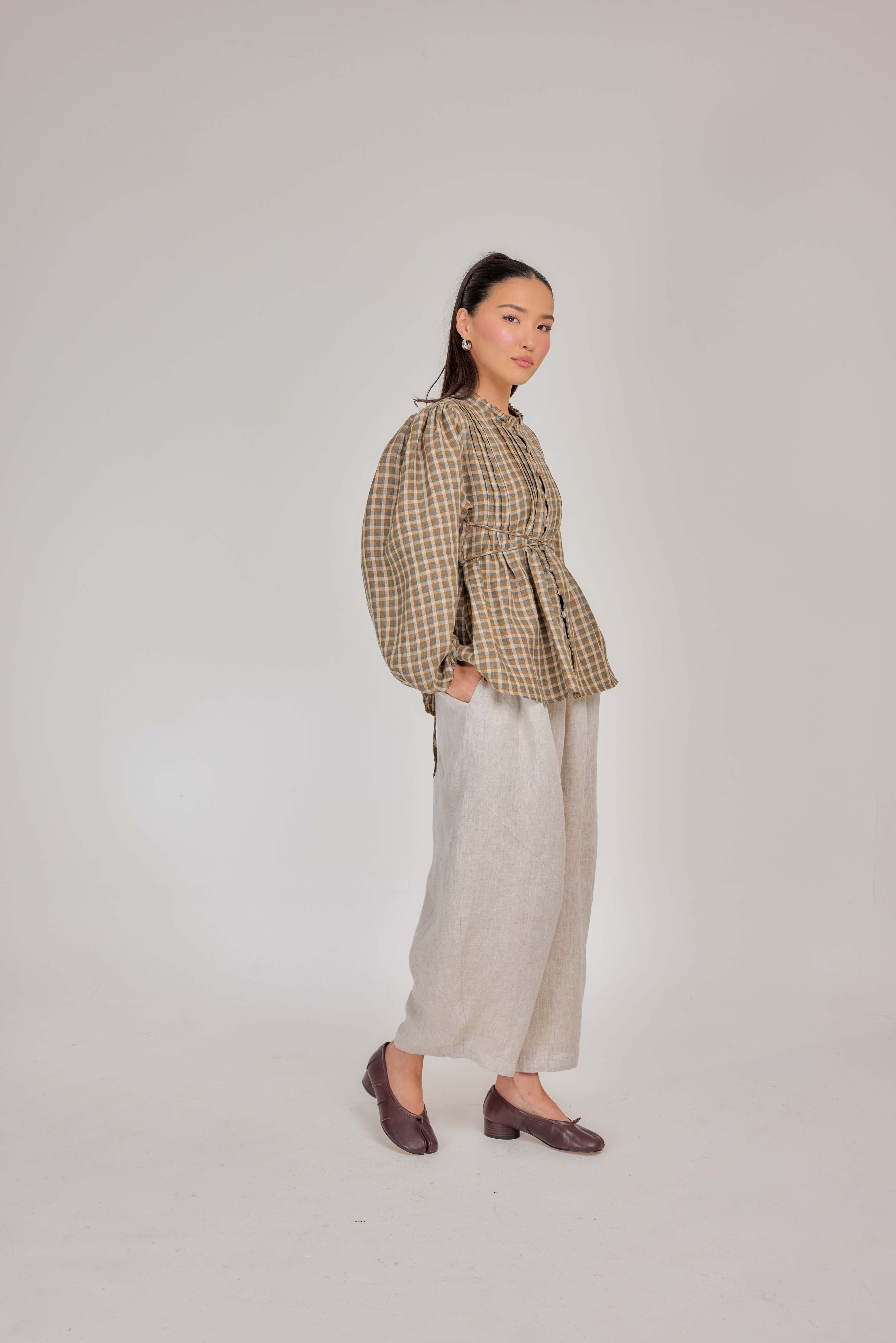 04 - Daydream Tie-Waist Plaid Pure Linen Top in Harvest Check