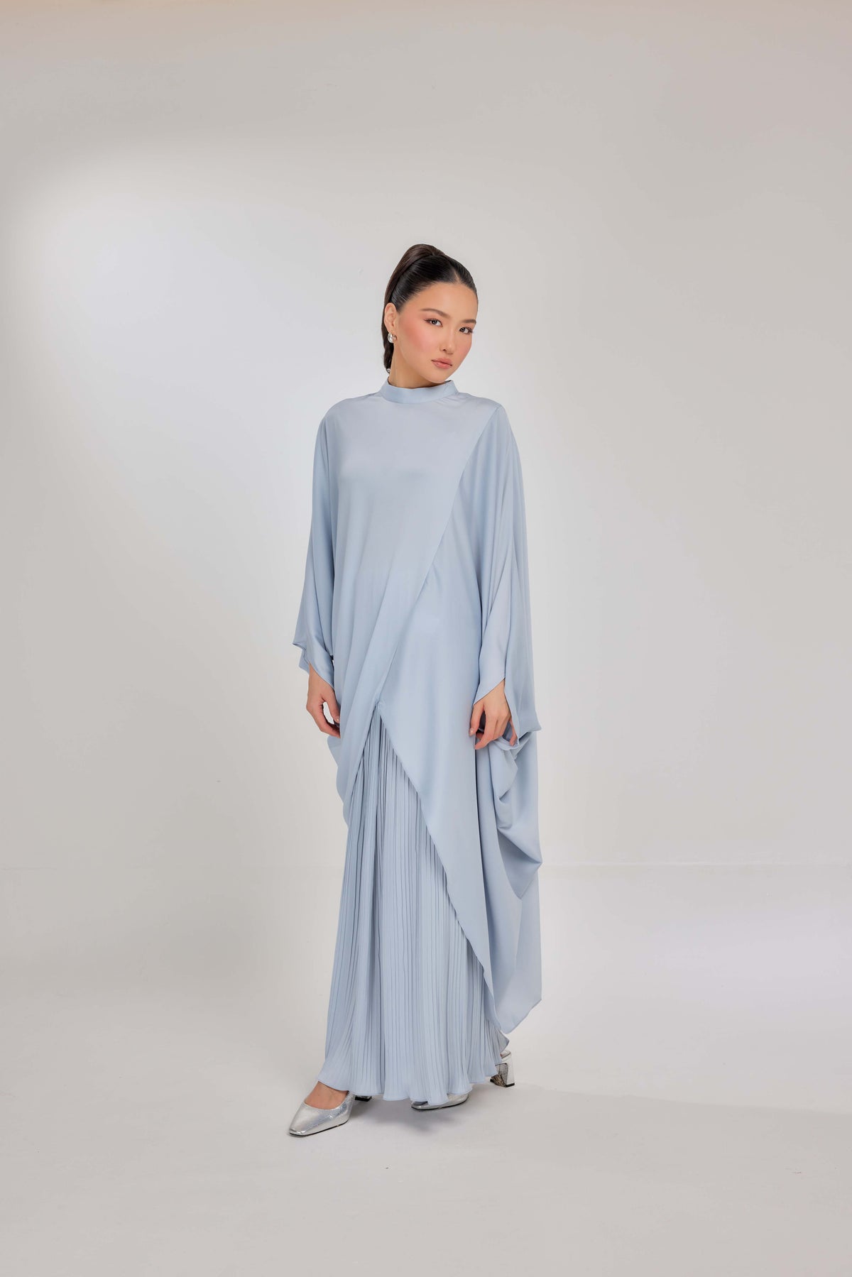 02 - Cashmere Blue - Chanela Full Sleeve Kurung with Pleated Skirt Set