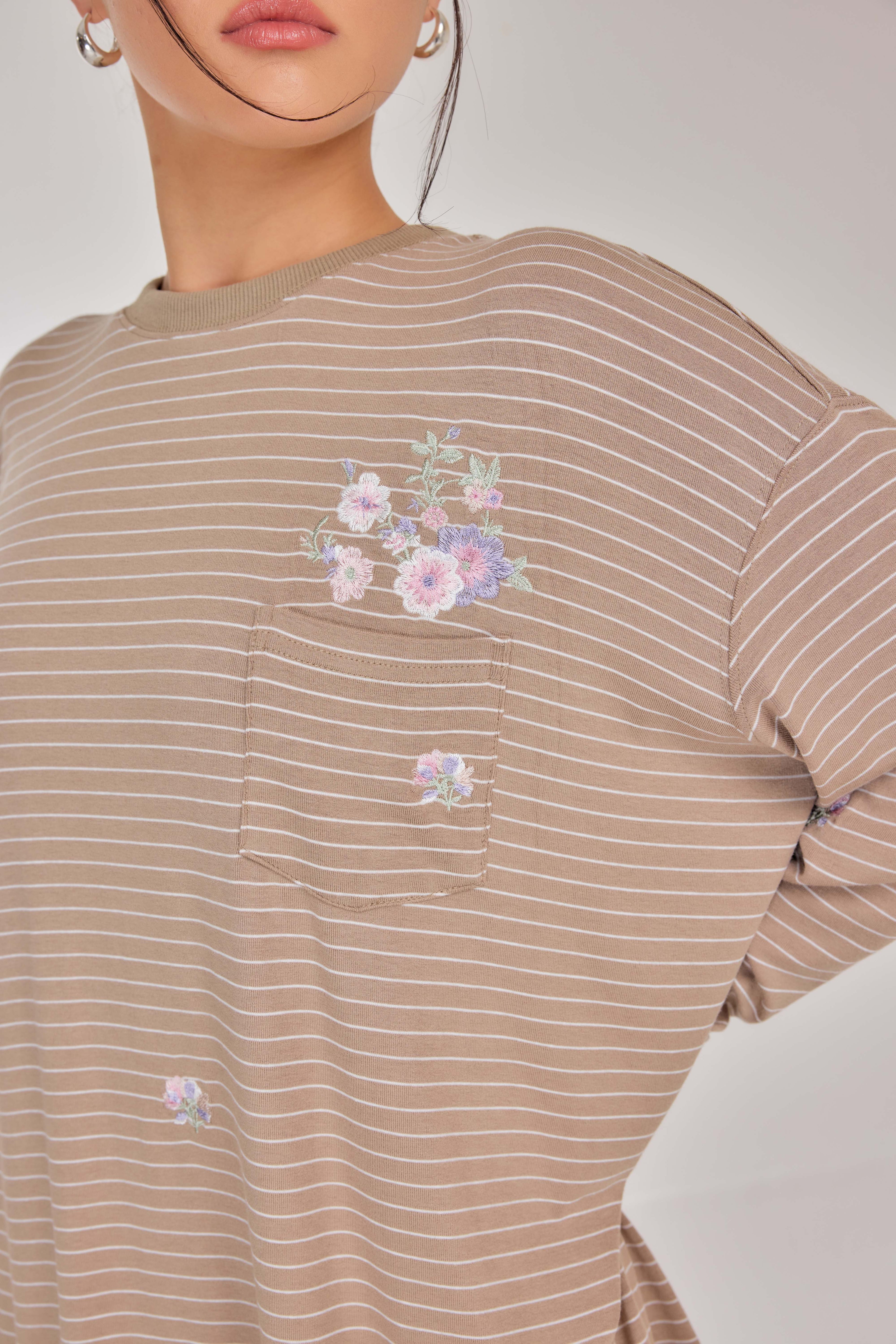 Embroidered Jardin Marinière Striped Two-Piece - Toffee Taupe