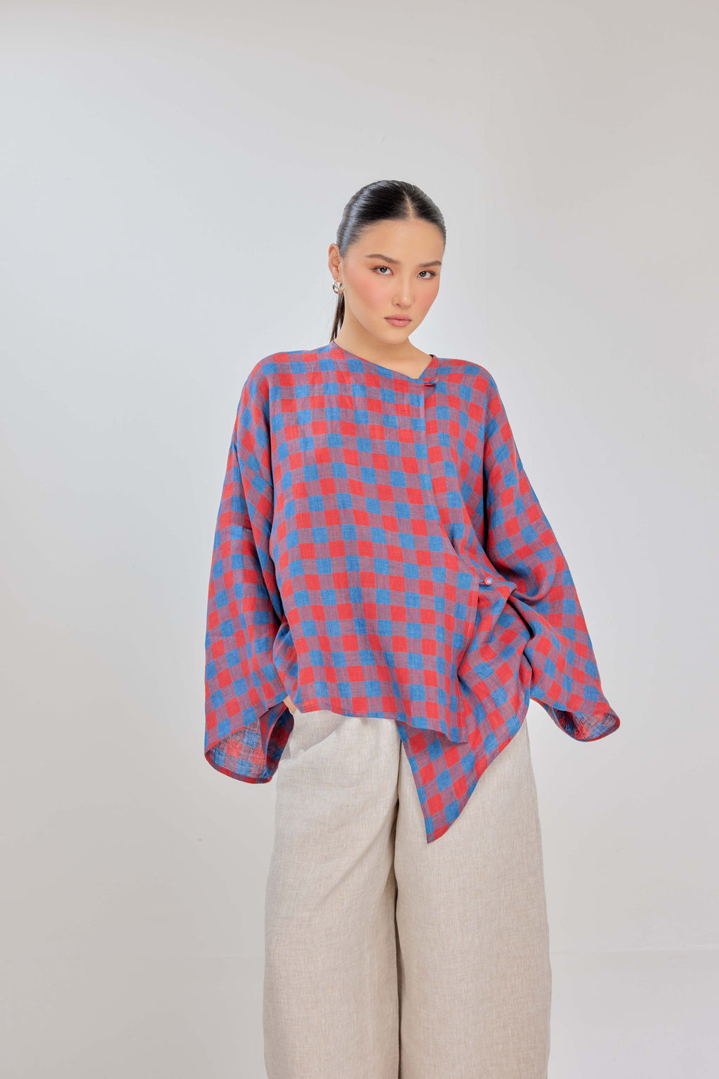 03 - Retro - Checkered Pure Linen Wrap Top