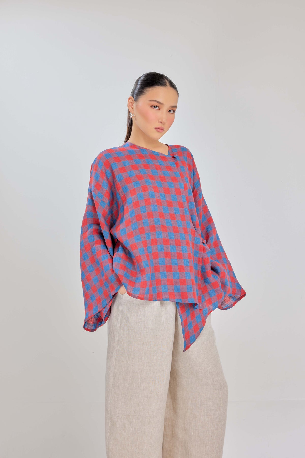 03 - Retro - Checkered Pure Linen Wrap Top