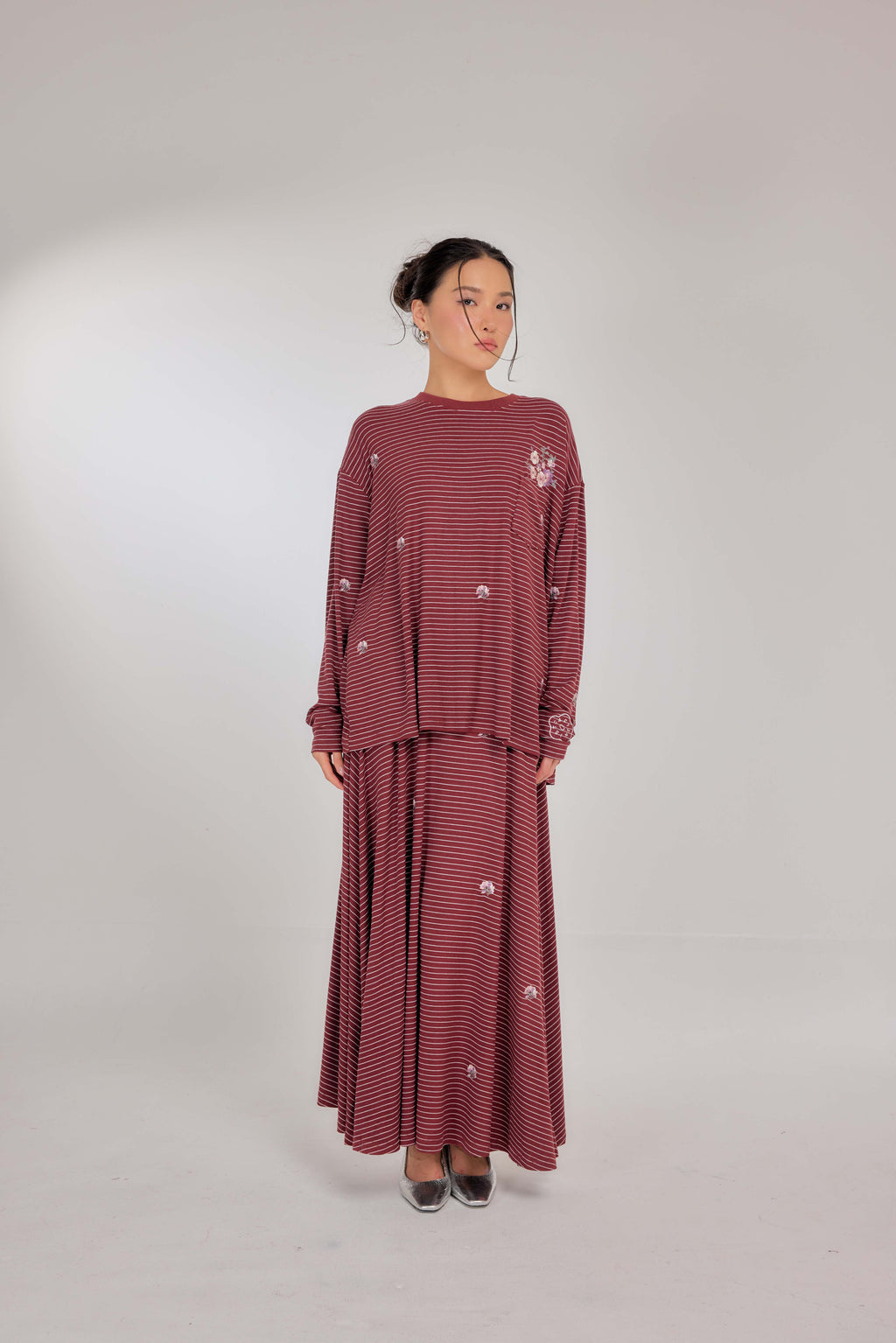 Embroidered Jardin Marinière Striped Two-Piece - Burgundy
