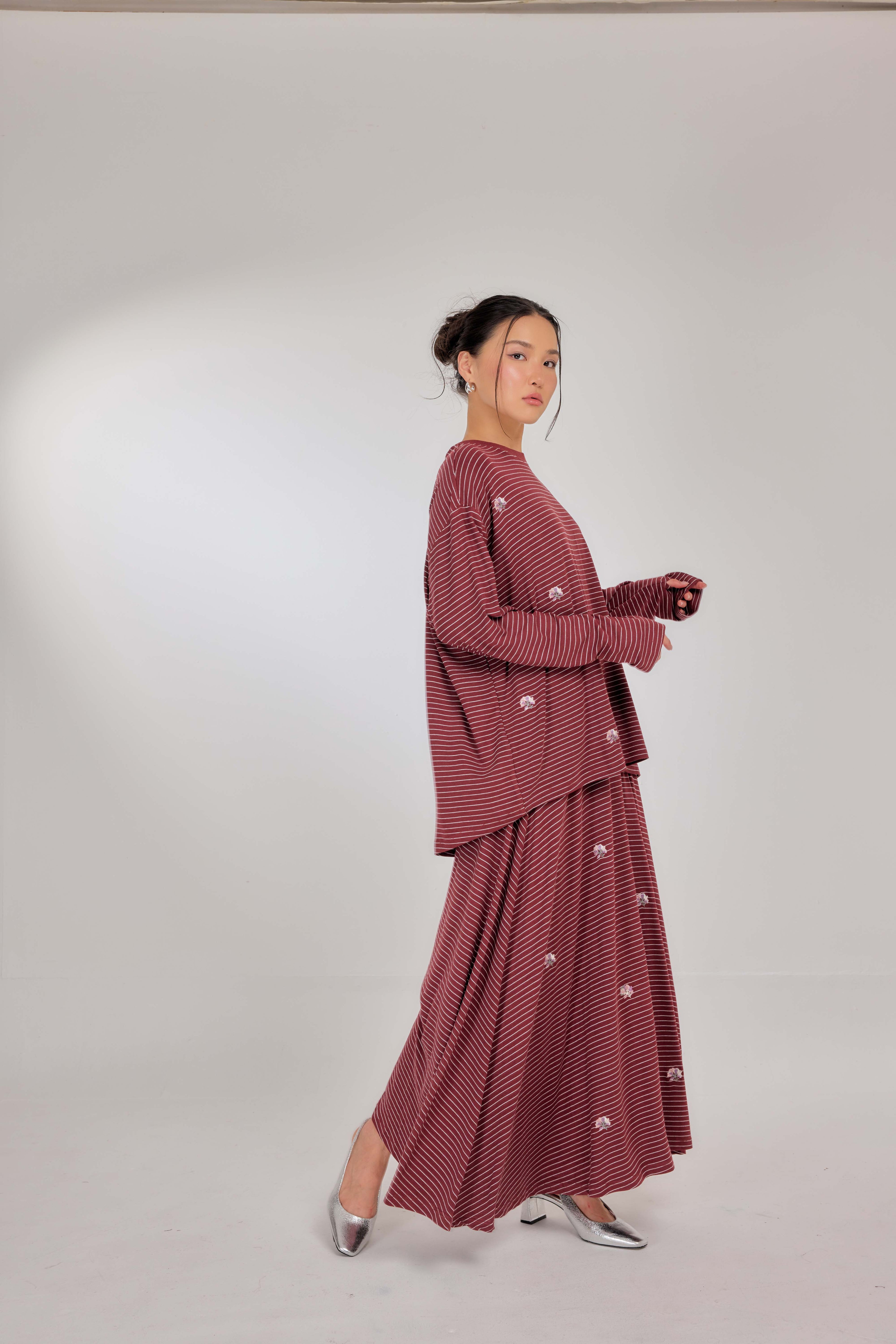 Embroidered Jardin Marinière Striped Two-Piece - Burgundy