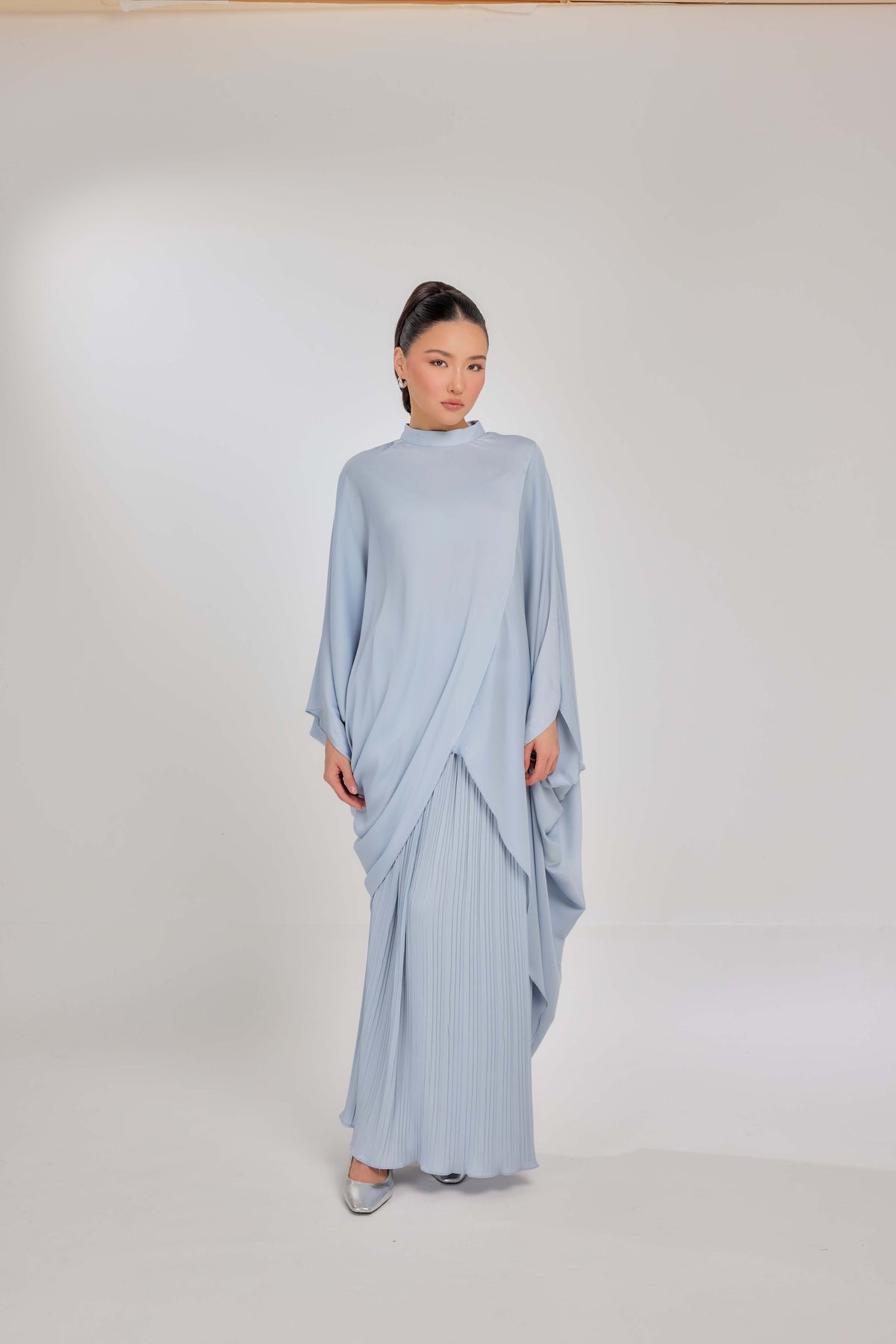 02 - Cashmere Blue - Chanela Full Sleeve Kurung with Pleated Skirt Set