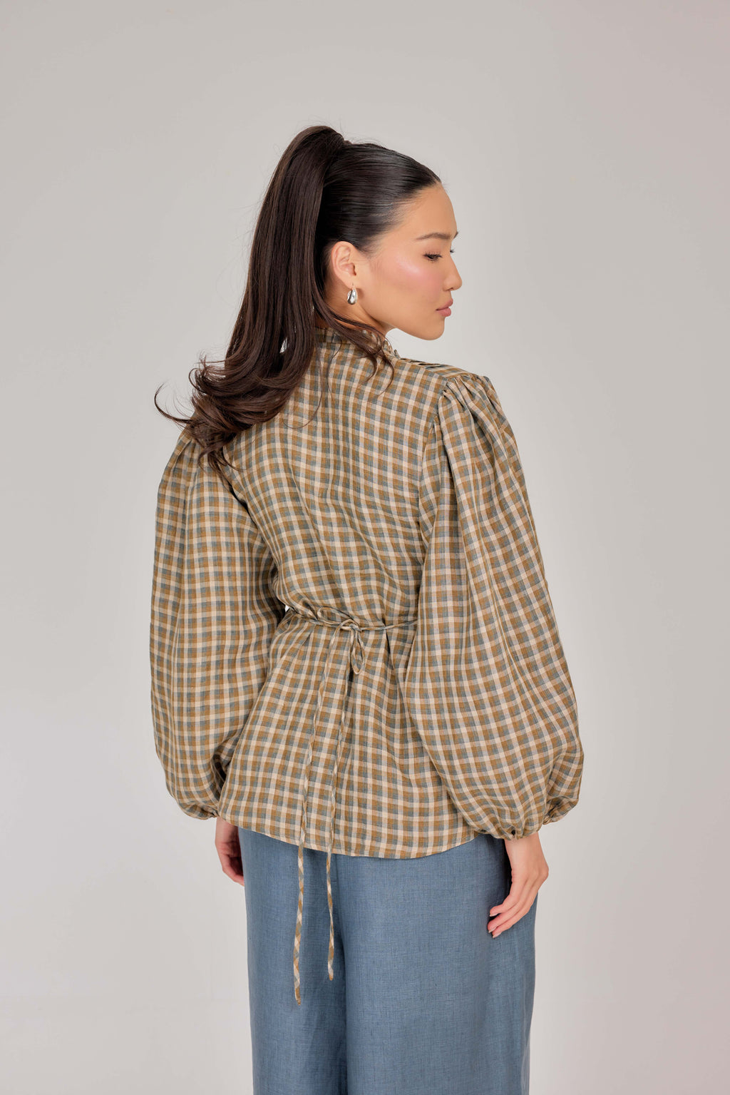 04 - Daydream Tie-Waist Plaid Pure Linen Top in Harvest Check