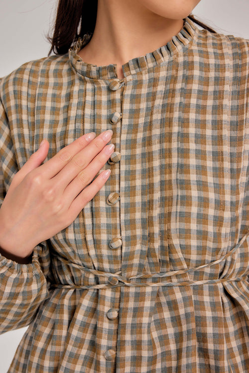 04 - Daydream Tie-Waist Plaid Pure Linen Top in Harvest Check
