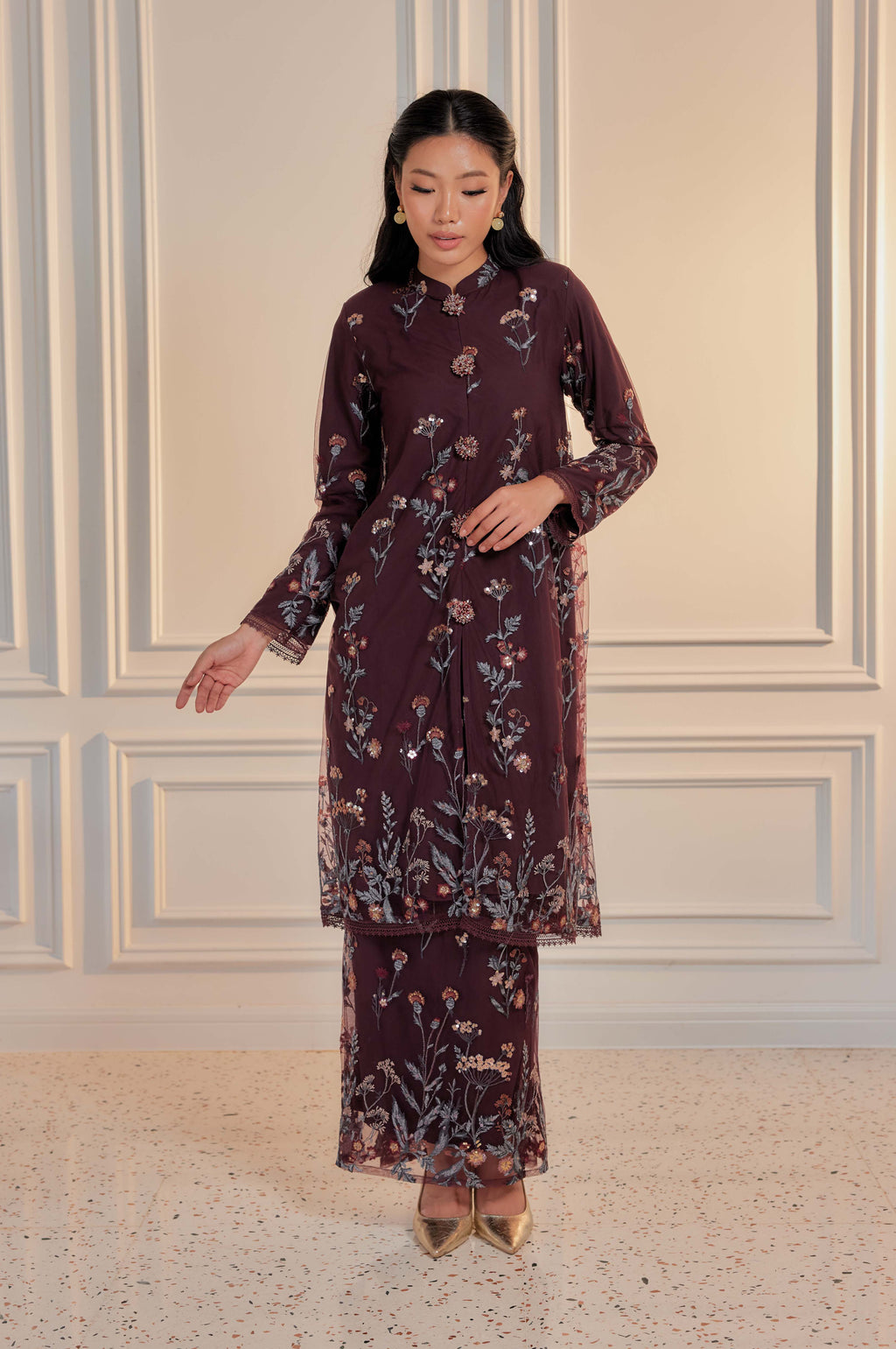 Dark Cherry Burgundy - Dian Embellished Kebarung with Embroidery Lace Trim (Full Lining)