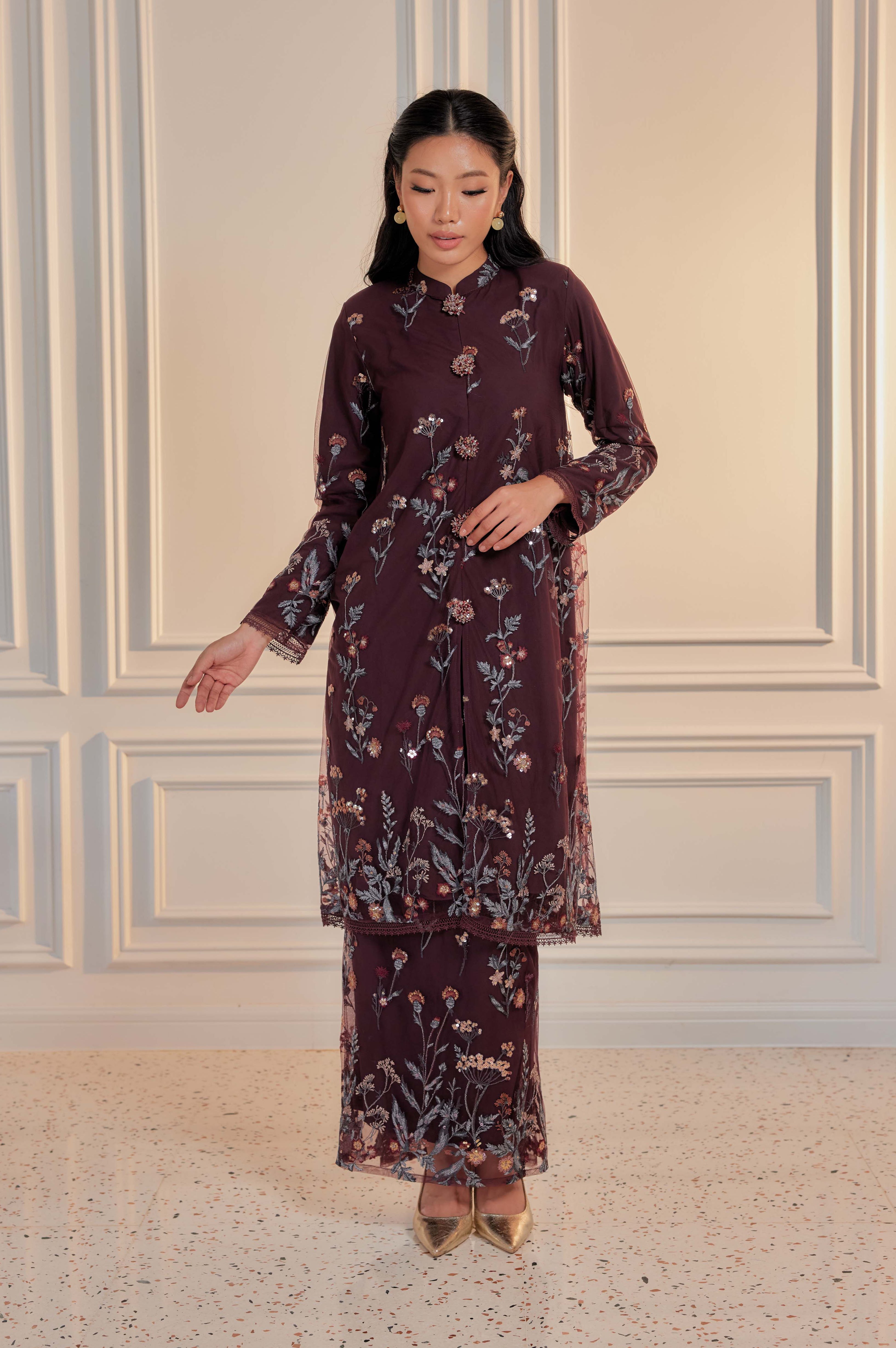 Dark Cherry Burgundy - Dian Embellished Kebarung with Embroidery Lace Trim (Full Lining)