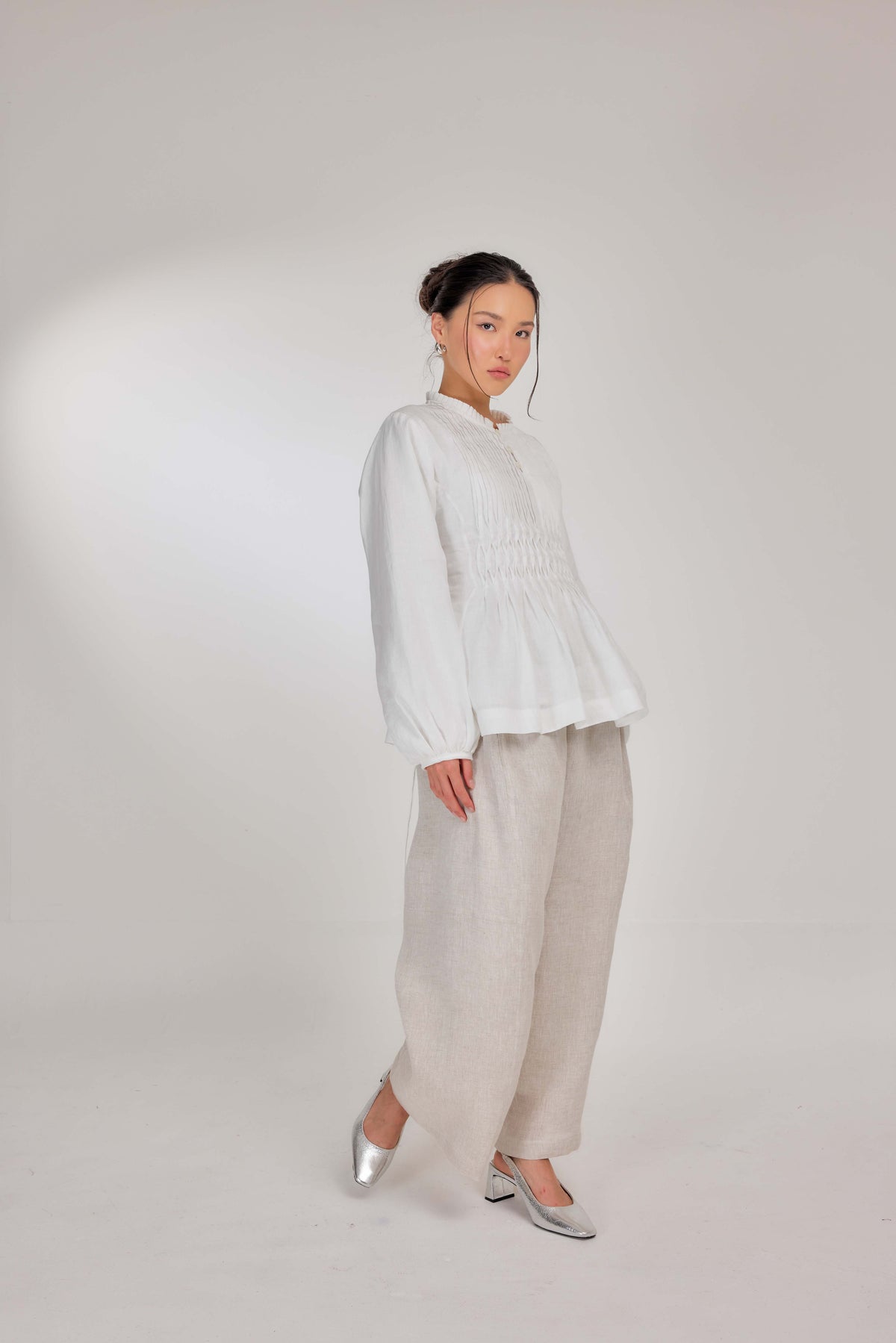 01 - Memento Pleated Lace-Up Pure Linen Top in White Akoya Pearl (Fully Lined with 100% Cotton)