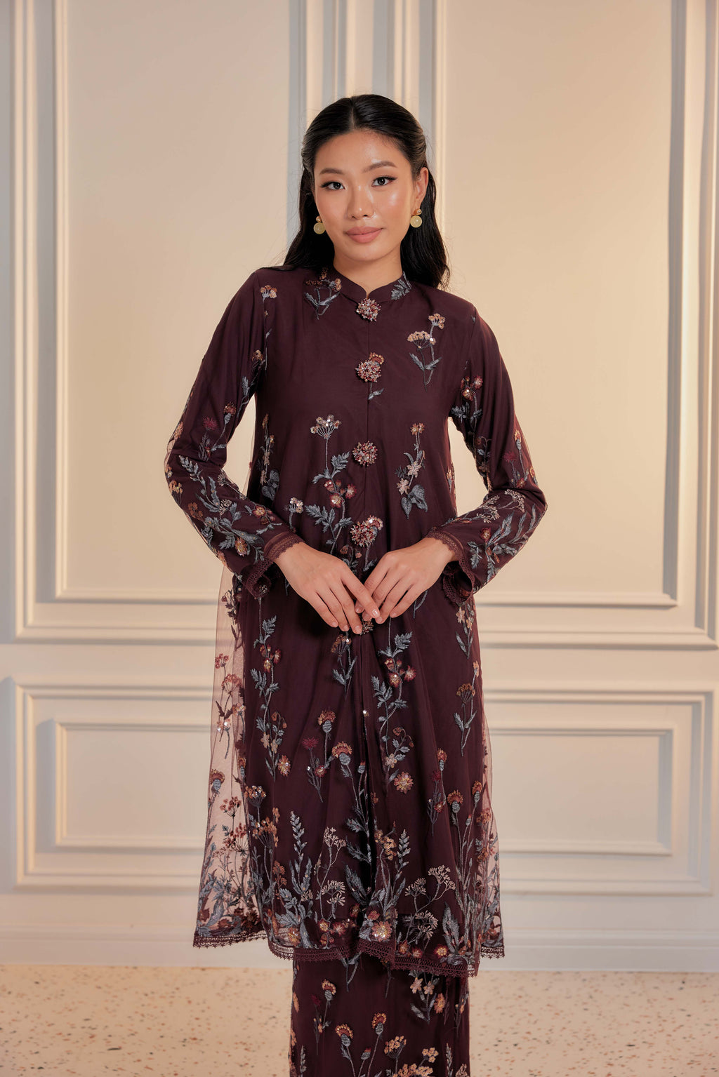 Dark Cherry Burgundy - Dian Embellished Kebarung with Embroidery Lace Trim (Full Lining)