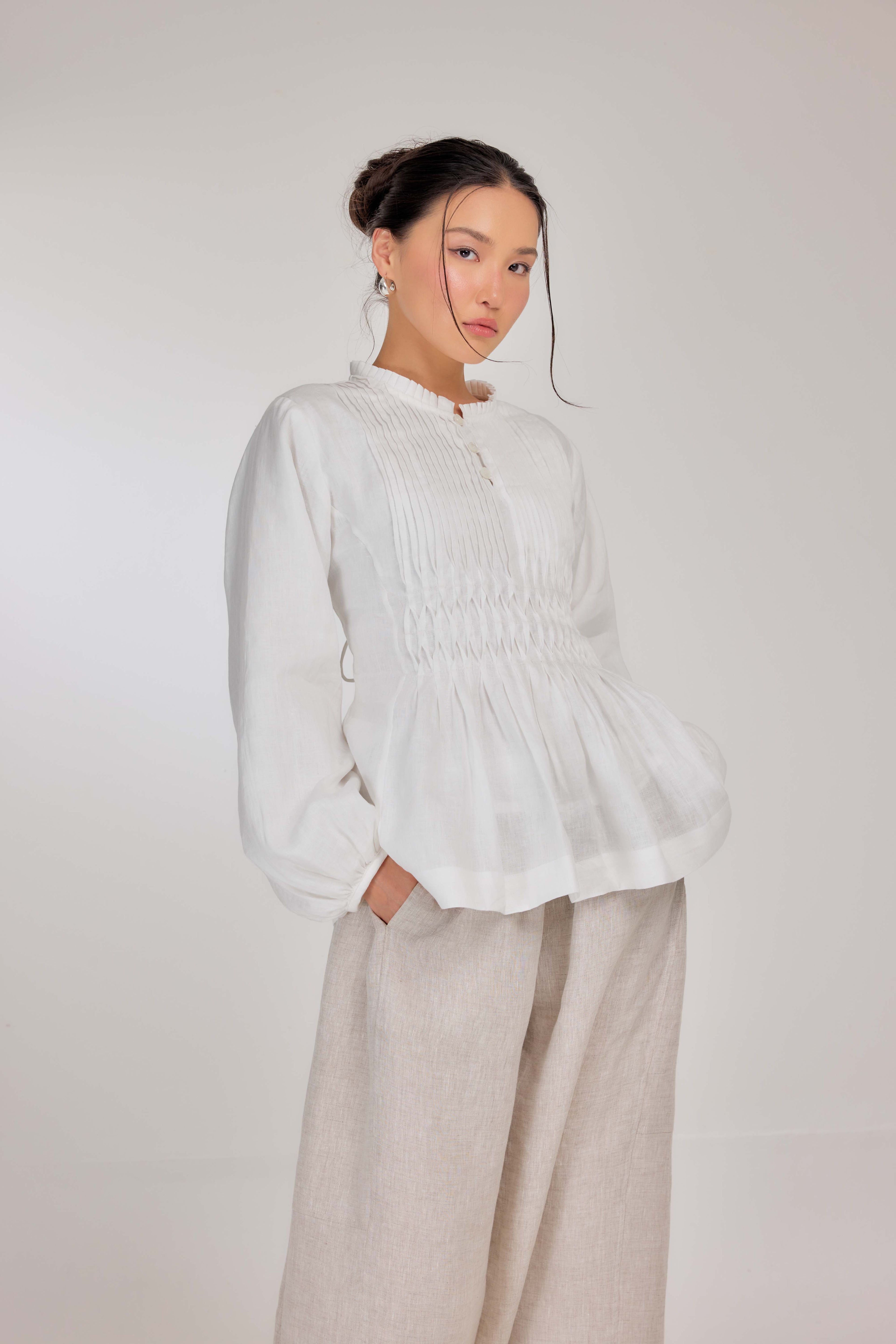 01 - Memento Pleated Lace-Up Pure Linen Top in White Akoya Pearl (Fully Lined with 100% Cotton)