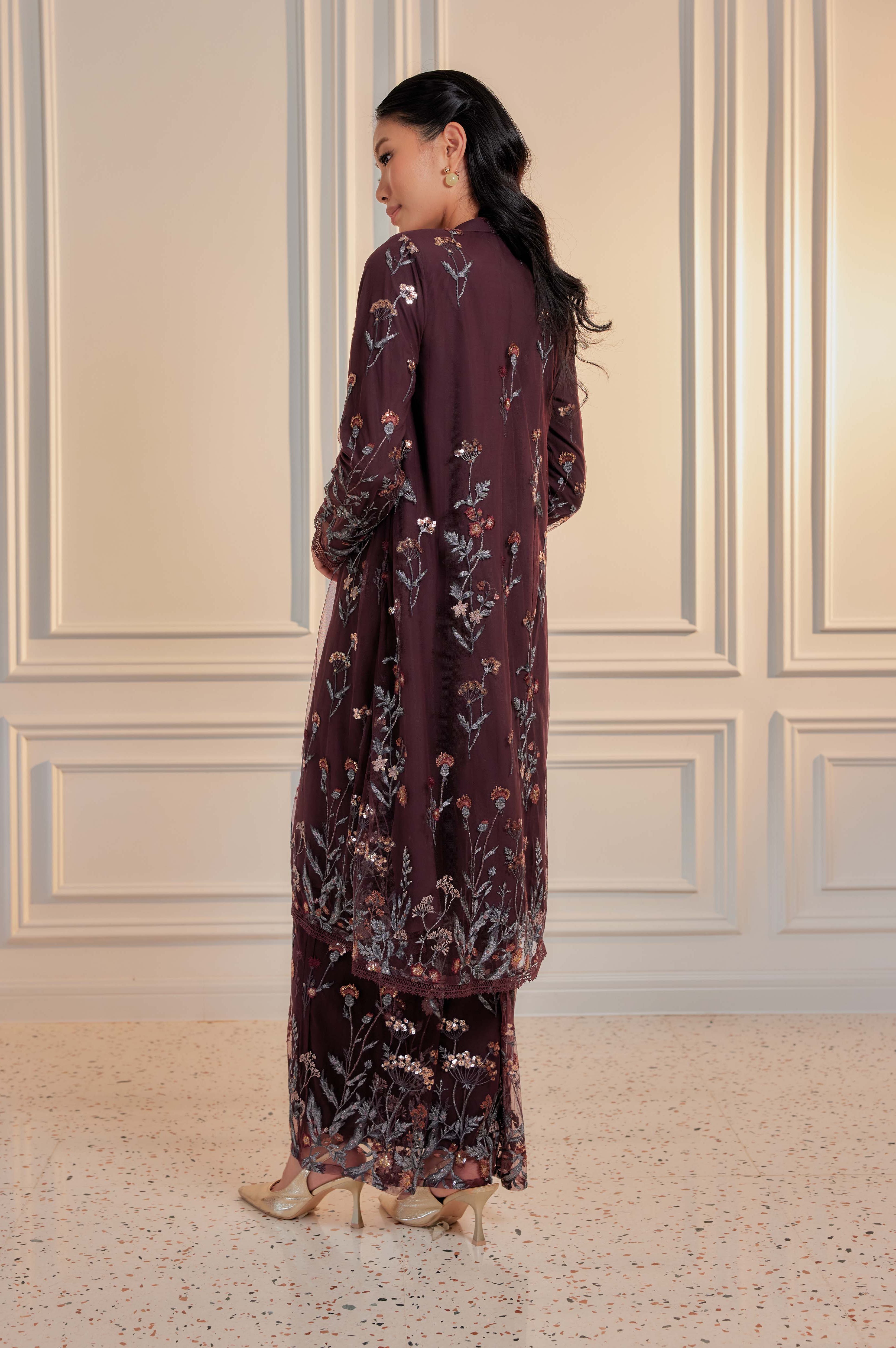 Dark Cherry Burgundy - Dian Embellished Kebarung with Embroidery Lace Trim (Full Lining)