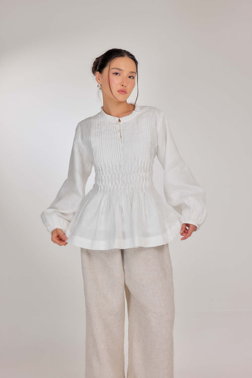 01 - Memento Pleated Lace-Up Pure Linen Top in White Akoya Pearl (Fully Lined with 100% Cotton)