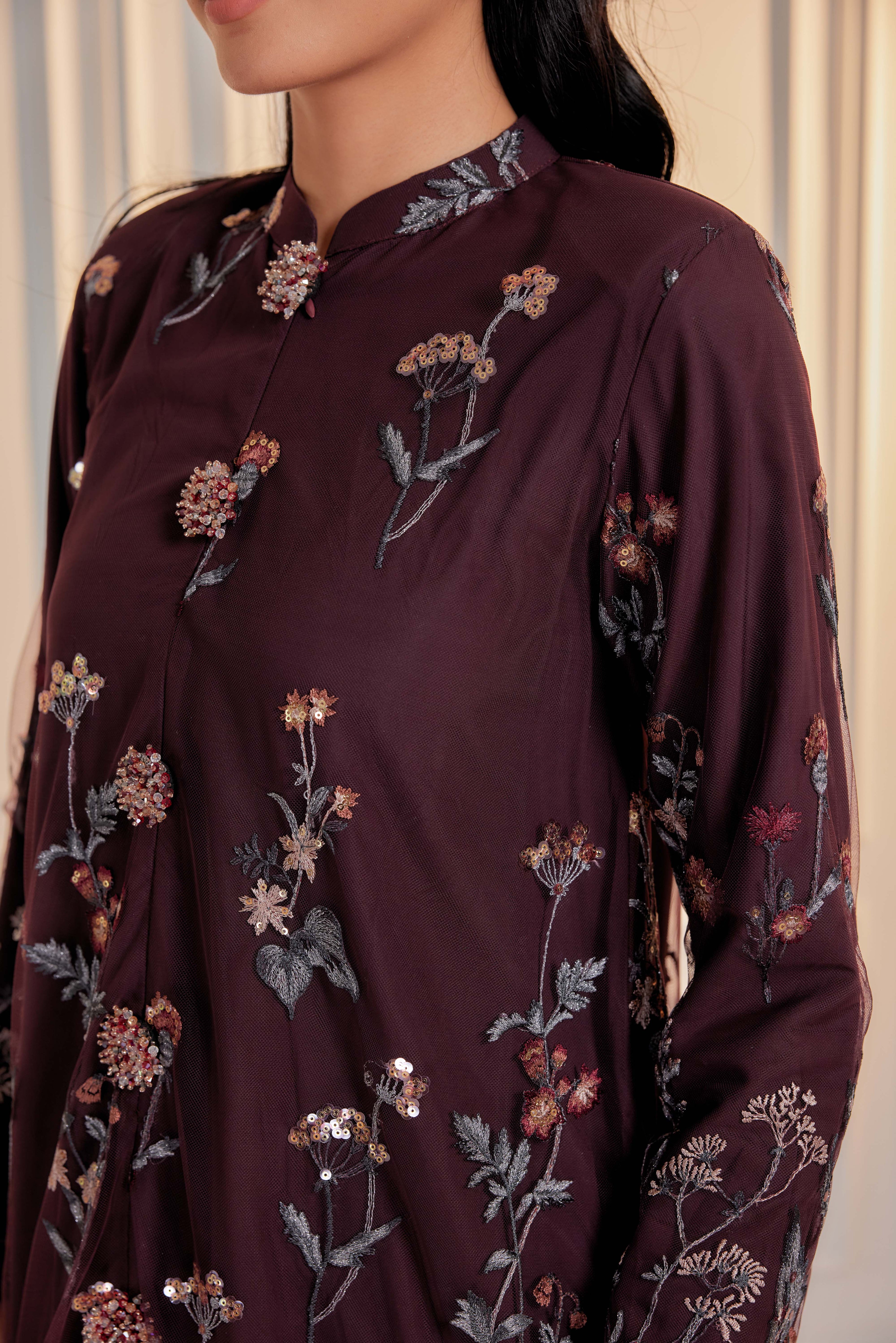 Dark Cherry Burgundy - Dian Embellished Kebarung with Embroidery Lace Trim (Full Lining)