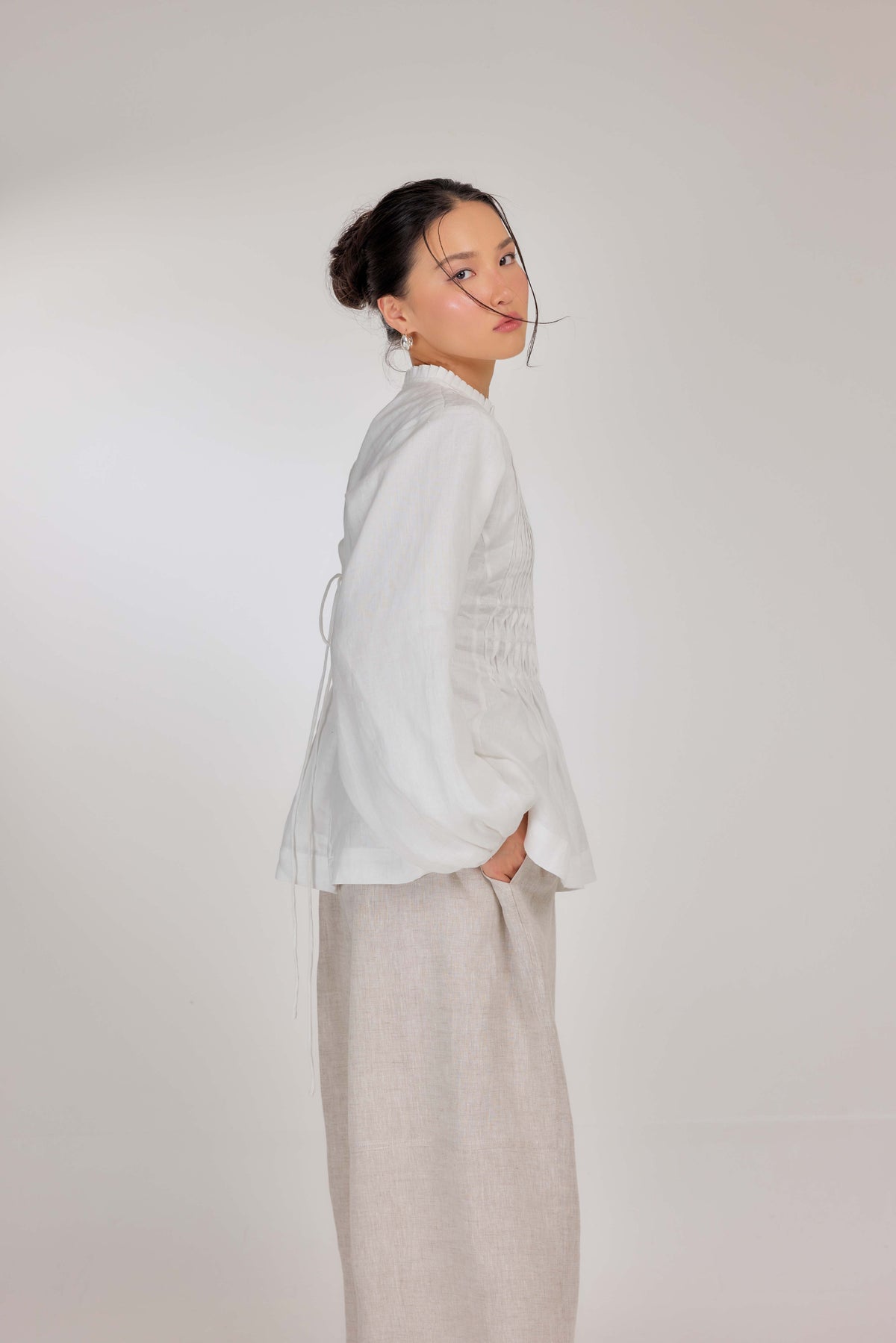 01 - Memento Pleated Lace-Up Pure Linen Top in White Akoya Pearl (Fully Lined with 100% Cotton)